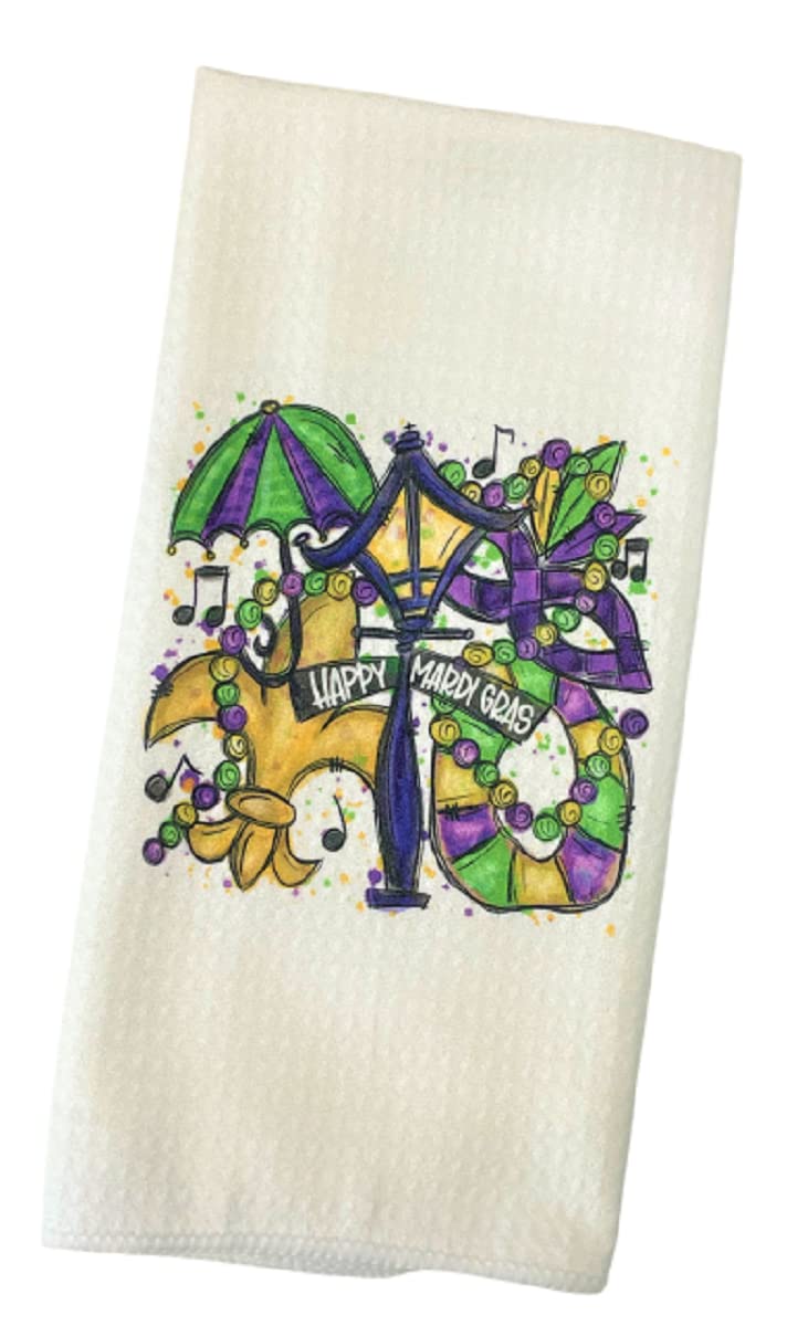 Happy Mardi Gras Microfiber Waffle Weave Kitchen Dish Towel Set - Absorbent & Quick-Drying Cleaning Cloths for Dishes, Countertops & Holiday Decor - Perfect for New Orleans Themed Parties & Festive Home Decor