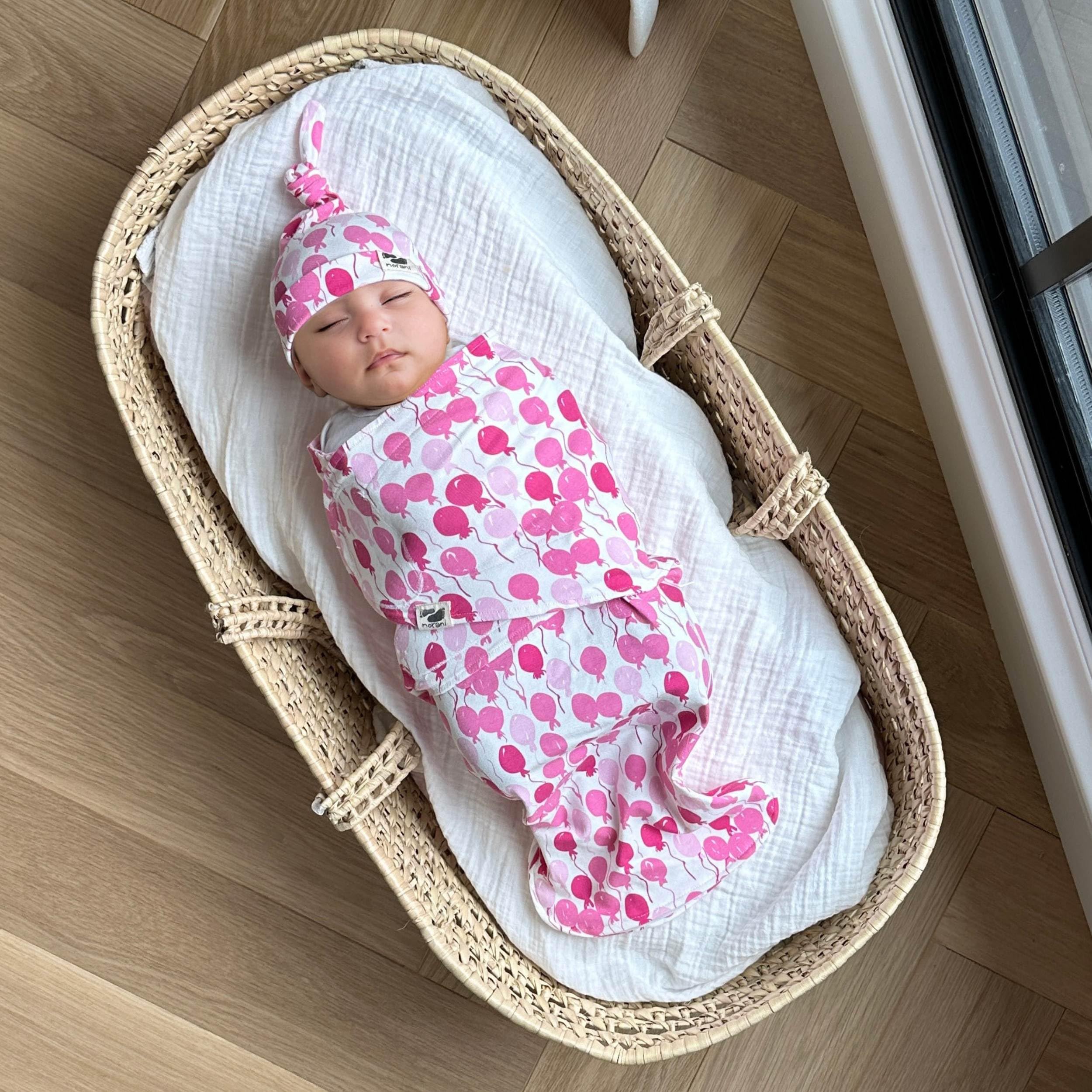 Norani Baby Snugababe Swaddle Pod for Newborns 0-3 Months - Secure Arm Inserts, Easy-Zip Diaper Changes, Breathable Cotton - Award-Winning Infant Sleep Solution (Pink Balloons) - Perfect for Nursery, Hospital & Travel