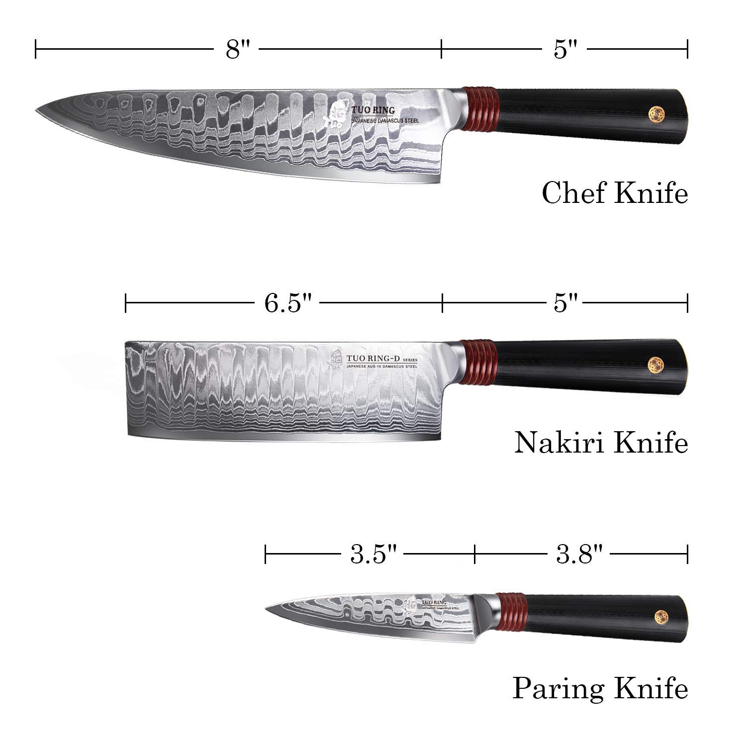 Premium TUO Damascus Kitchen Knife Set - 3-Piece Japanese AUS-10 High Carbon Stainless Steel (8