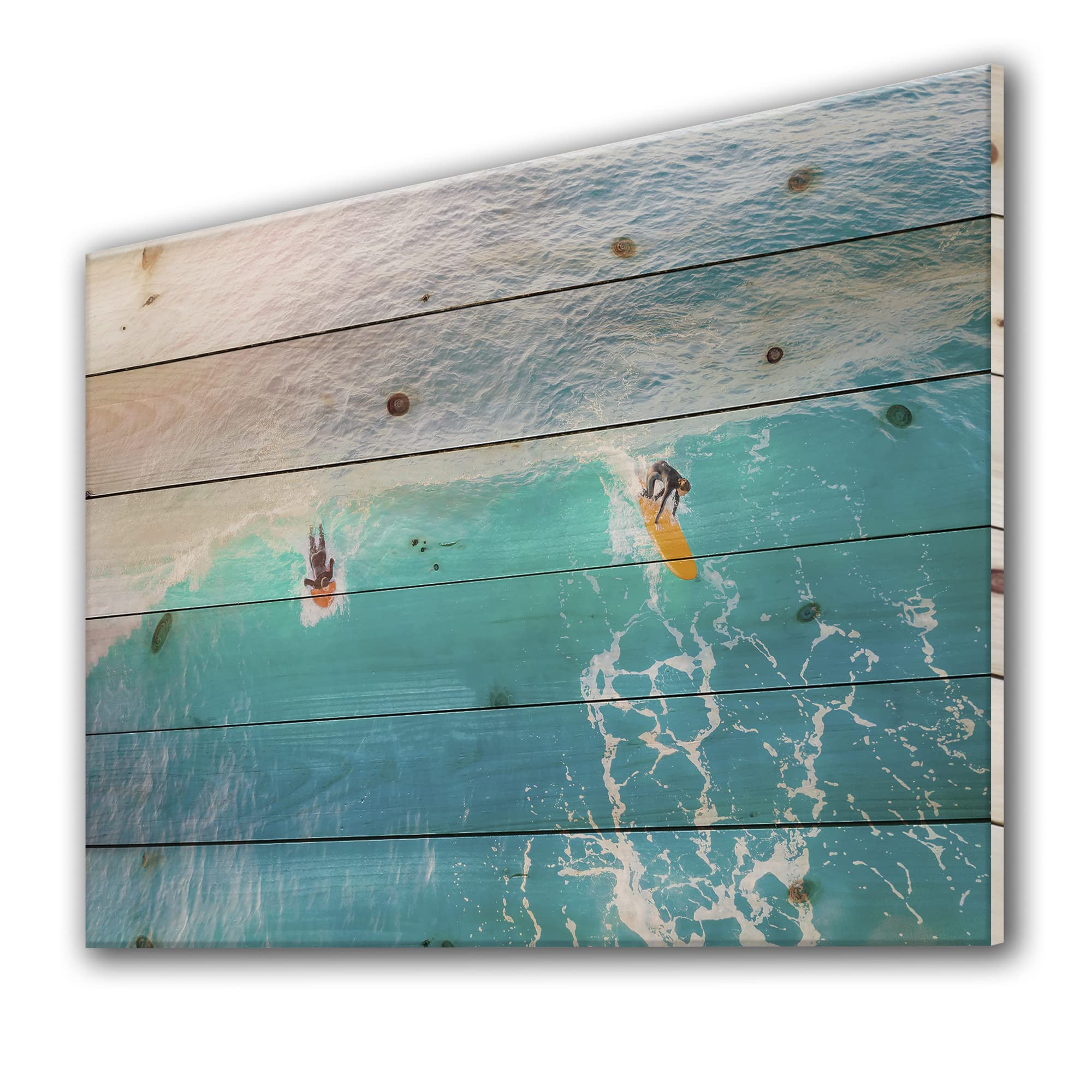 DesignQ Surfers on Ocean Wave Wood Wall Art - Large Blue Beach Decor Printed on Natural Pine Wood - Perfect for Coastal, Nautical & Surf-Themed Home Decor