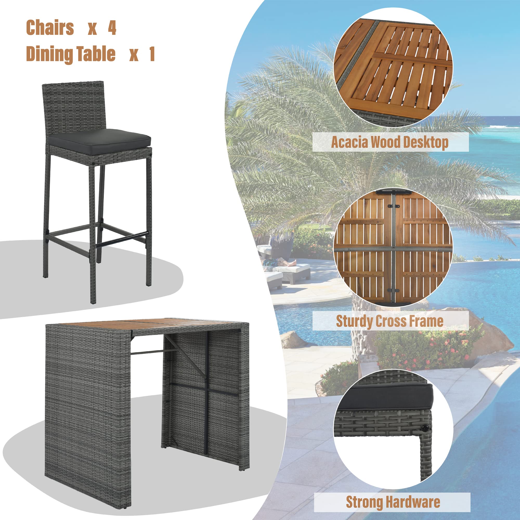5-Piece Outdoor Patio Rattan Counter Height Dining Set - All-Weather Wicker Bar Table & Chairs with Acacia Wood Table Top & Removable Cushions - Perfect for Backyard, Garden, Poolside & Restaurant Outdoor Seating