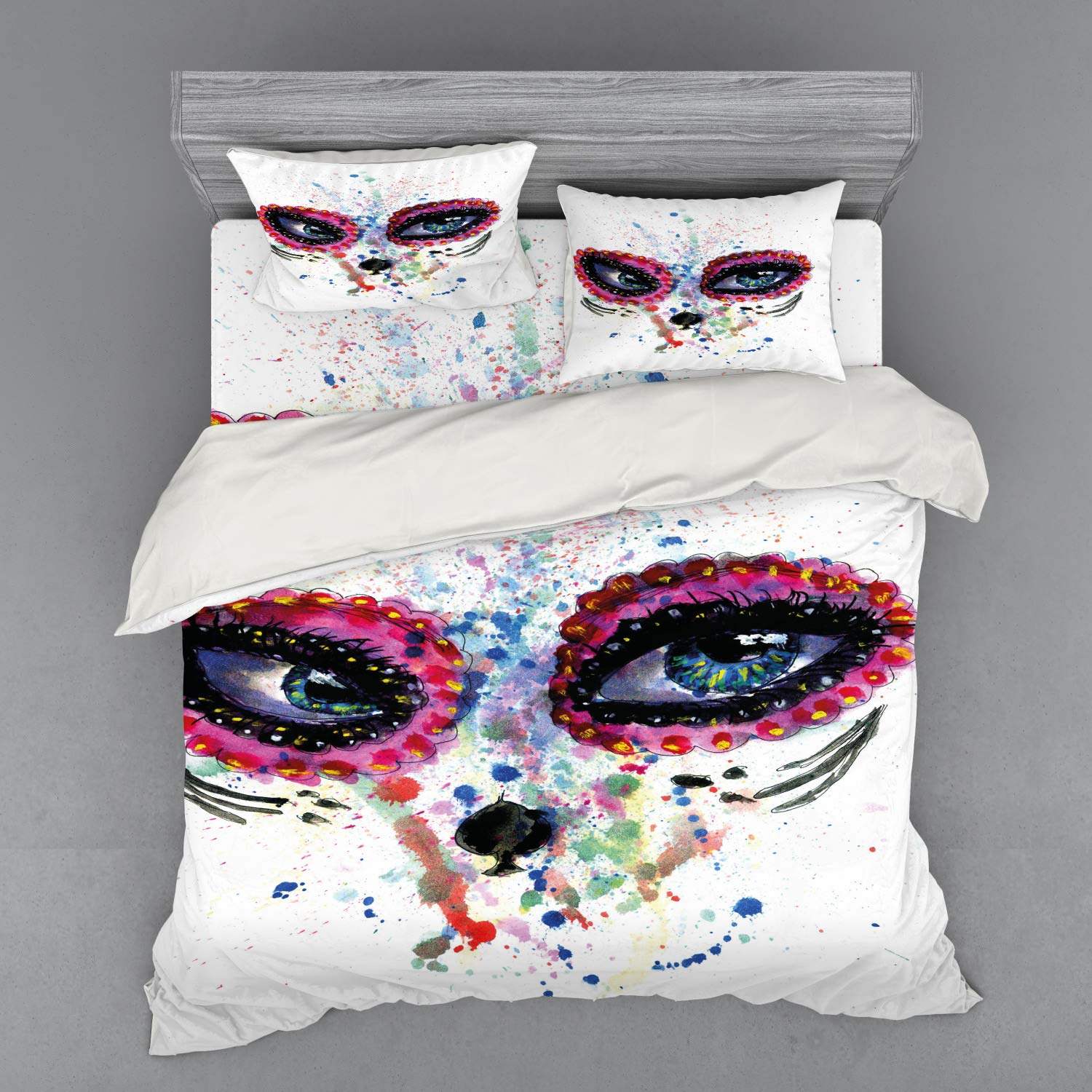 Ambesonne Sugar Skull Duvet Cover Set - Spooky Big Eyes Cat Face Girl Portrait Print 4-Piece Bedding Set with Shams & Fitted Sheet, King Size Multicolor - Perfect for Halloween Decor, Day of the Dead Celebration & Gothic Bedroom Theme