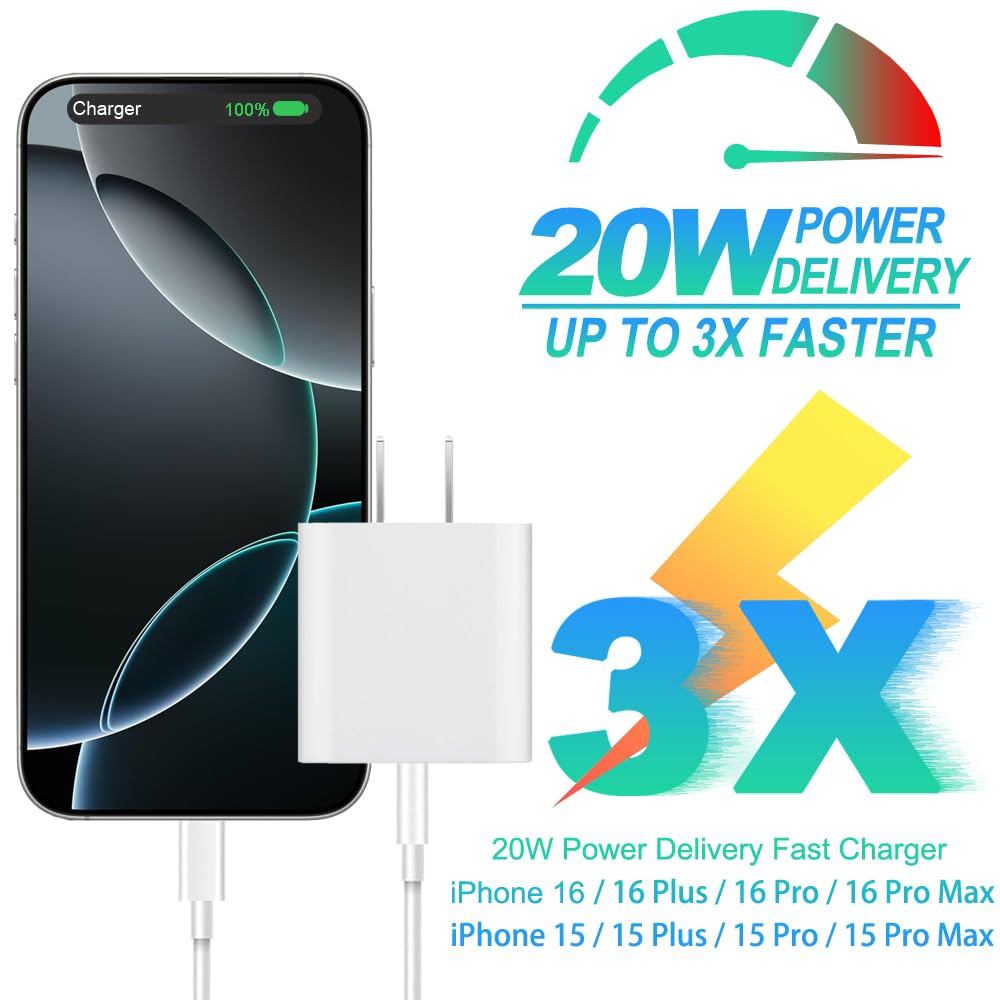20W Fast Charger Block with 6ft USB C Cable - Compatible with iPhone 16/15 Series, iPad Pro/Air/Mini - Quick Charge & Data Sync - Perfect for Home, Office & Travel (2-Pack)