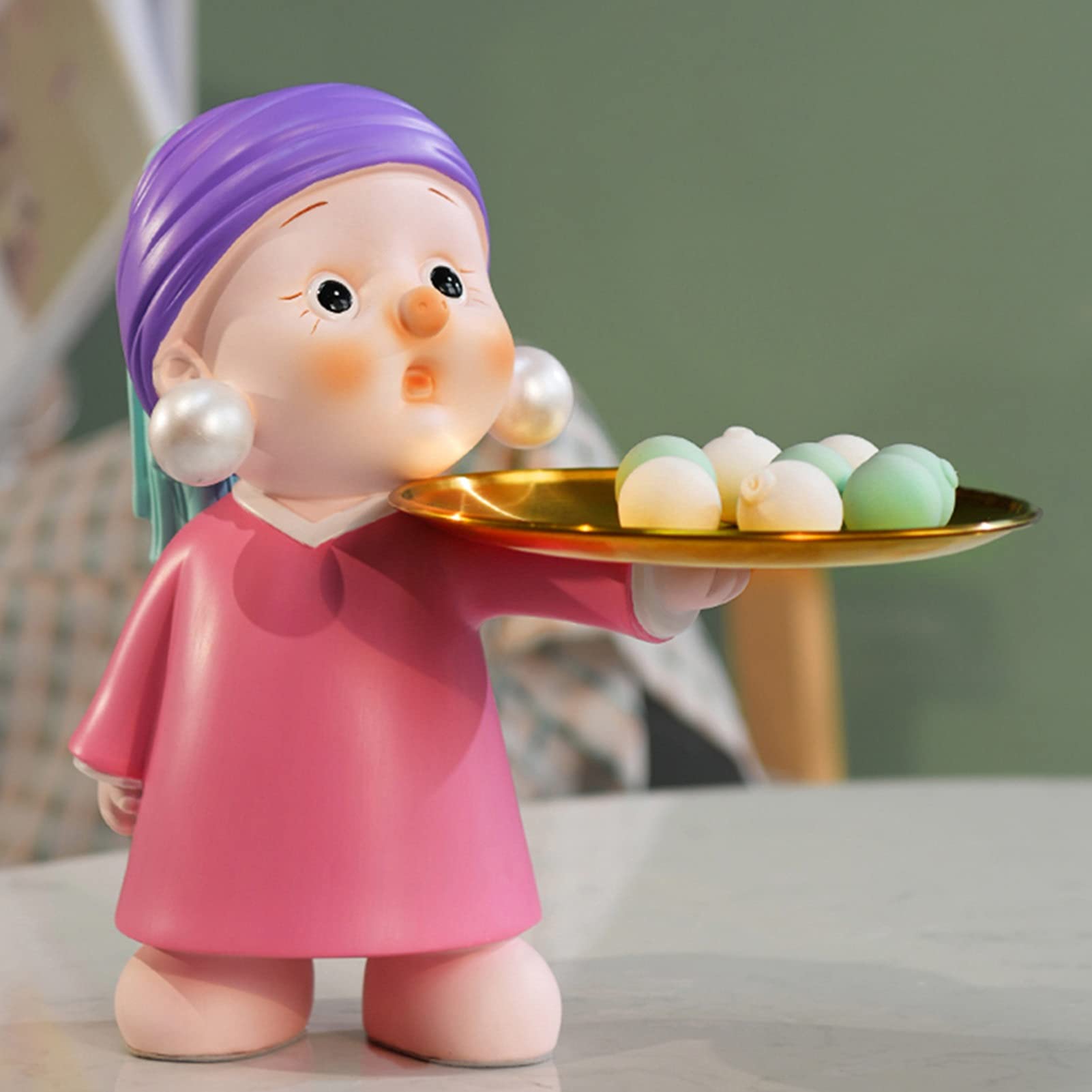 Creative Resin Decorative Statue - Cute Desktop Sculpture with Storage Tray | Candy Dish Organizer for Keys, Phone, Wallet, Coins & Jewelry | Perfect for Home, Office & Gift Giving (Pink)
