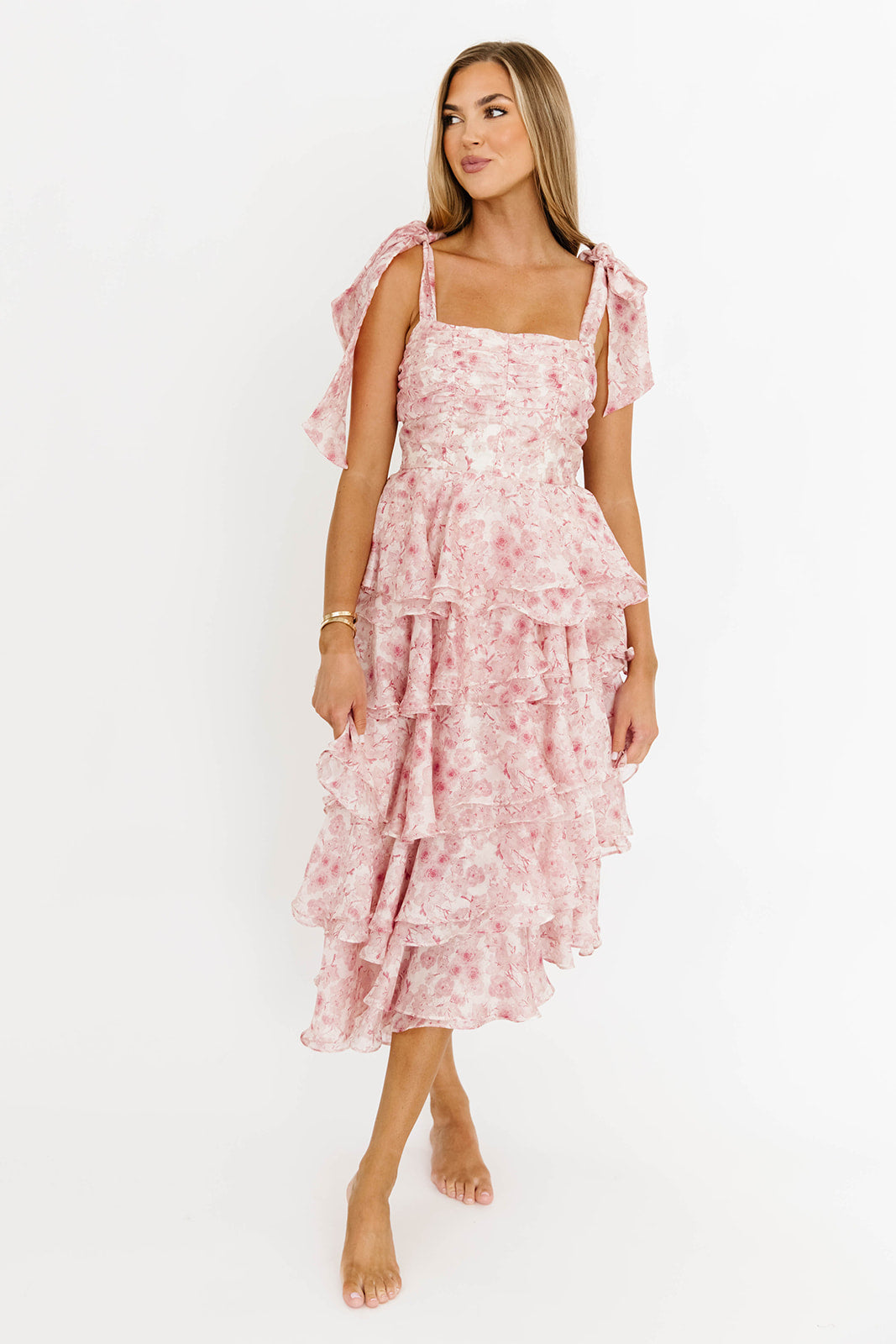 Soho Floral Tiered Midi Dress with Pleats & Ruffle - Pink Summer Dress for Women | Perfect for Garden Parties, Brunch Dates & Vacation Outfits