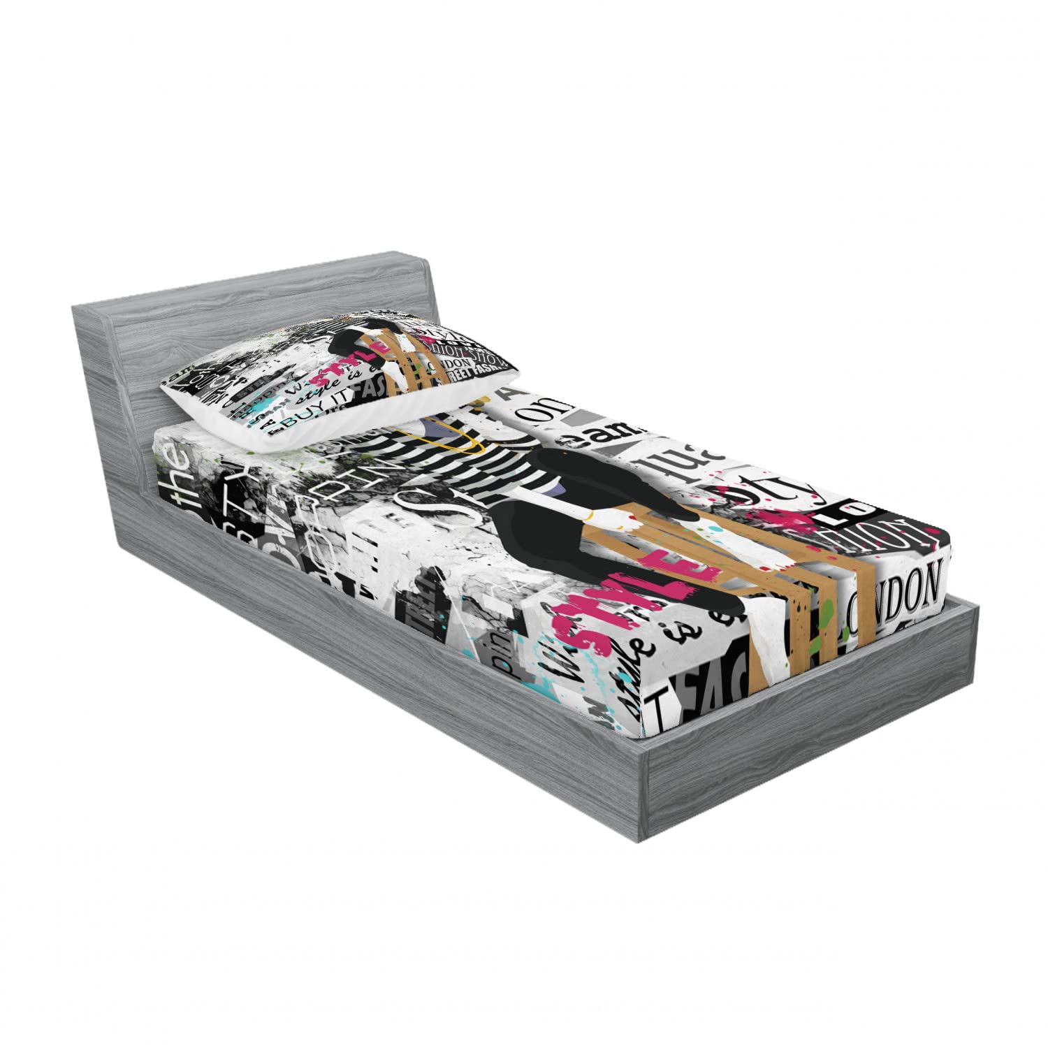 Ambesonne 2-Pack Twin Size Fitted Sheet & Pillow Sham Set - Grunge Fashion Girl Design - 4 Piece Bedding Set (2 Fitted Sheets + 2 Pillow Covers) in Black & White - Perfect for Teen Bedrooms, Dorm Decor & Alternative Style Home Decor