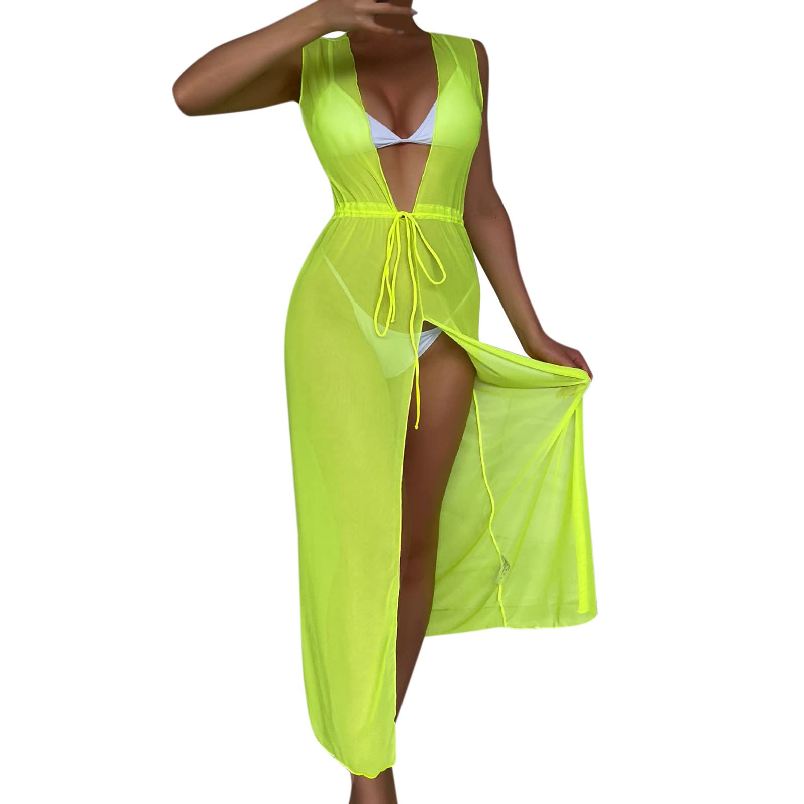 NREALY Women's One Shoulder Ruffle Trim Sheer Beach Cover Up Dress - Drawstring Mini Dress, Bikini Wrap, Swimwear Cover Up (Yellow, XXL) - Perfect for Pool Parties, Beach Vacations & Summer Outings