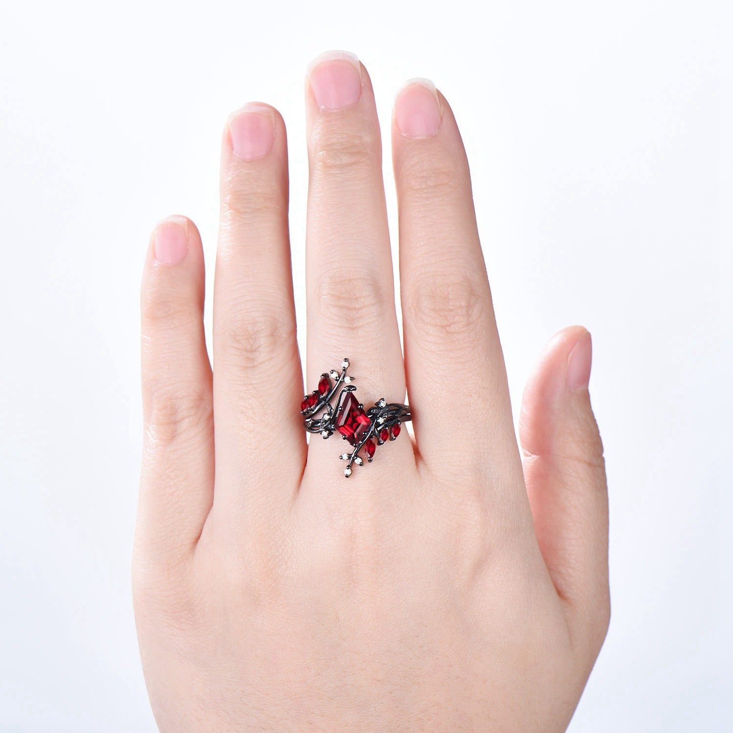 Nature Inspired Kite Cut Ruby Ring Set in Black Gold with Leaf Design - Gothic Engagement Ring for Knight Theme | Perfect for Weddings, Proposals & Medieval Fantasy Lovers