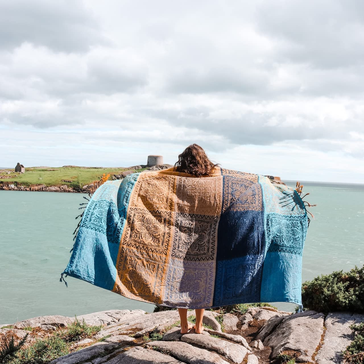Bohemian Chenille Throw Blanket 60x75 - Soft Recliner & Sofa Cover, Native American Style Boho Decor in Blue Navy Yellow - Perfect for Living Room, Bedroom & Cozy Home Decor