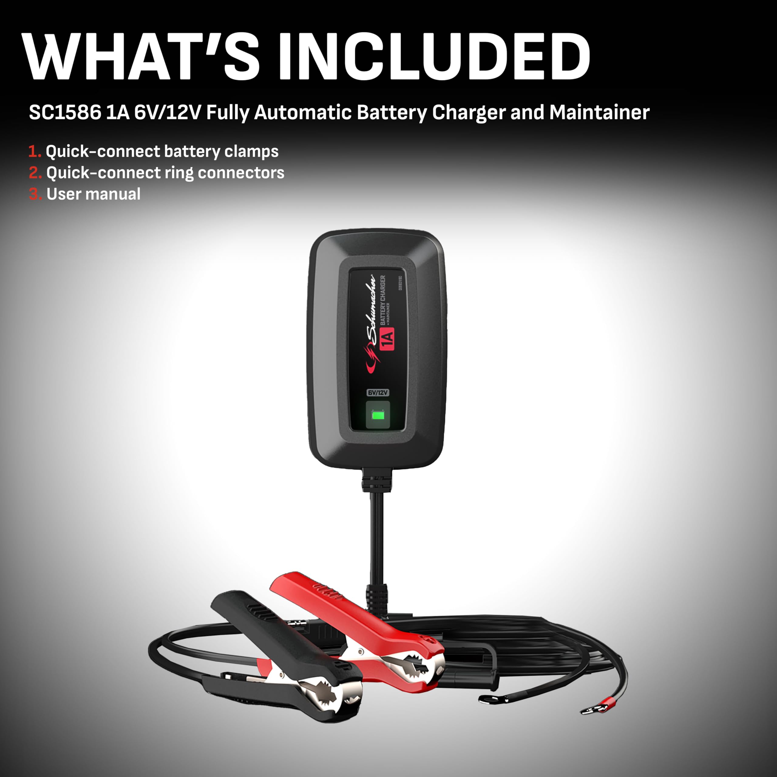 Schumacher SC1586-1A 6V/12V 1A Fully Automatic Battery Charger & Maintainer for Car, Motorcycle, ATV, Boat - Smart Charging for Automotive, Power Sports & Marine Batteries - Perfect for Winter Storage & Long-Term Maintenance