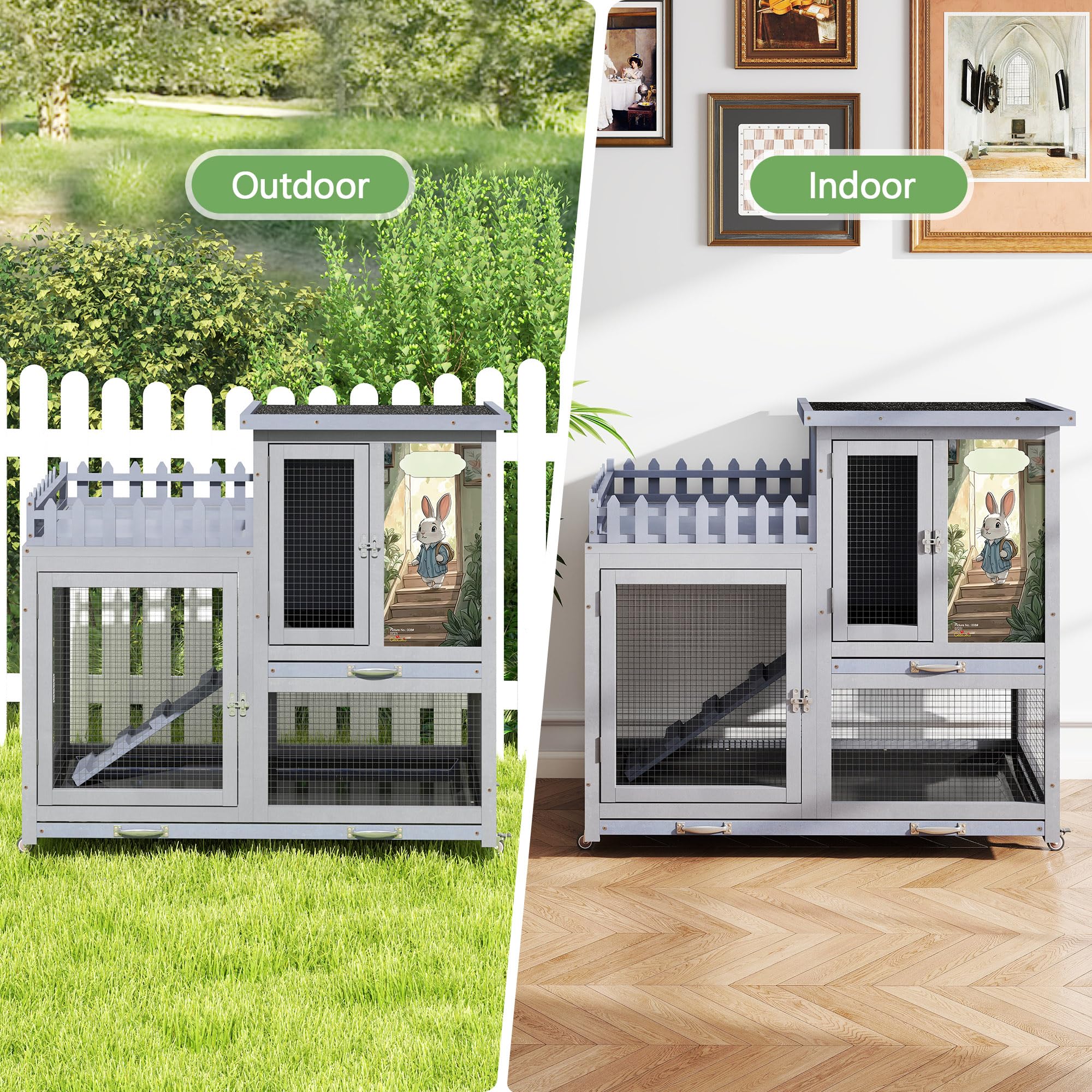 Premium Wooden Rabbit Hutch with Balcony - Indoor/Outdoor Bunny Cage on Wheels for Small Pets, Includes Ramp, Pull-Out Tray & Water Bottle (Grey Pattern) - Perfect for Backyard, Patio or Home Decor