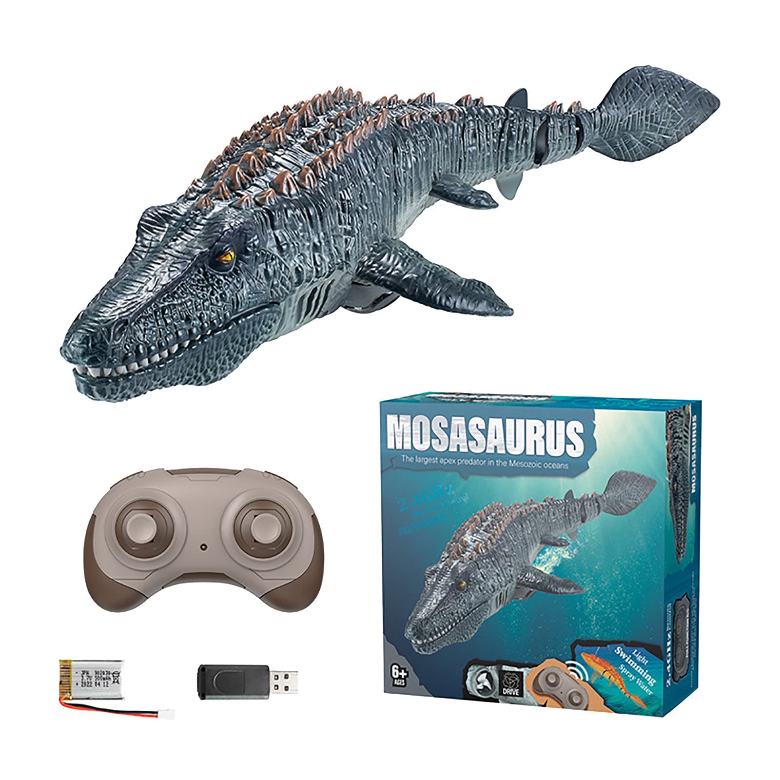 2.4G Remote Control Dinosaur Boat Toy for Kids - Mosasaurus Shark Pool Swimming Toy with LED Lights, Perfect for Pools, Lakes, Bath Time & Halloween Pranks (Ages 3-10)