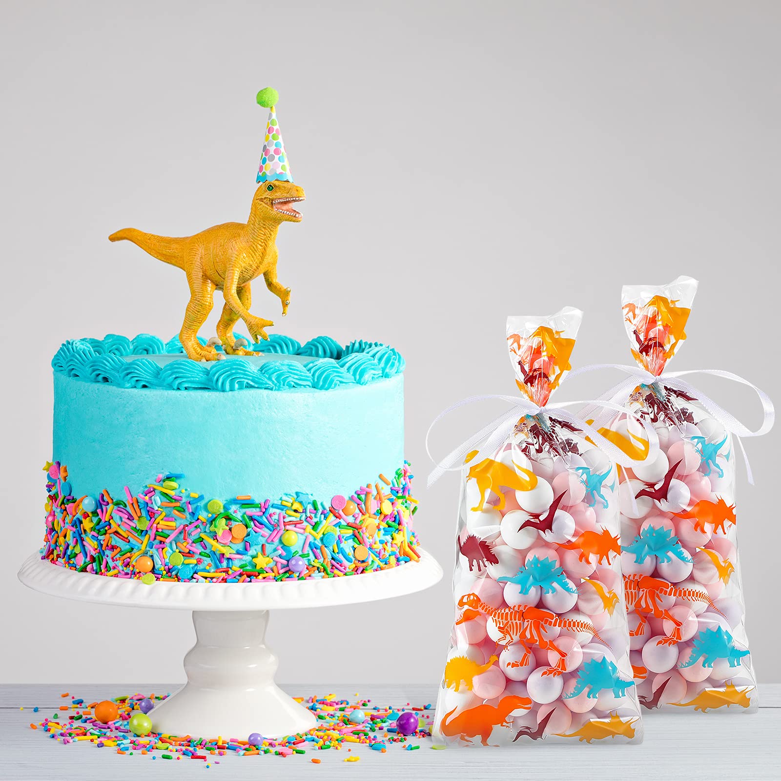 100-Pack Clear Dinosaur Cellophane Bags with White Ribbon - Dinosaur Skeleton Party Favor Bags for Candy, Cookies, Snacks - Perfect for Birthday Parties, Baby Showers & Themed Events