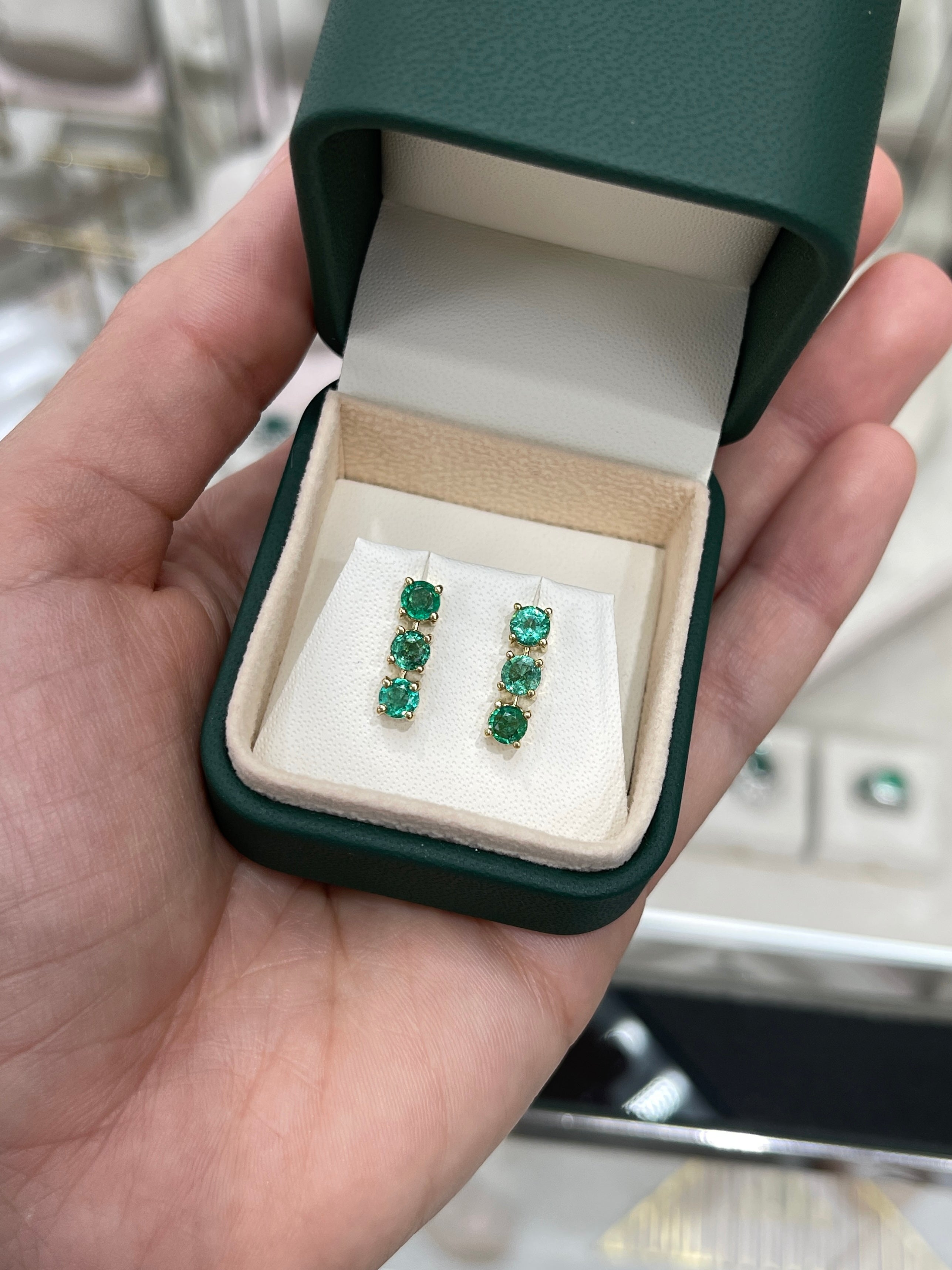 1.80TCW Natural Round Emerald Drop Earrings in 14K Yellow Gold - Lightweight Dangle Studs for Women - Perfect for Weddings, Parties & Special Occasions