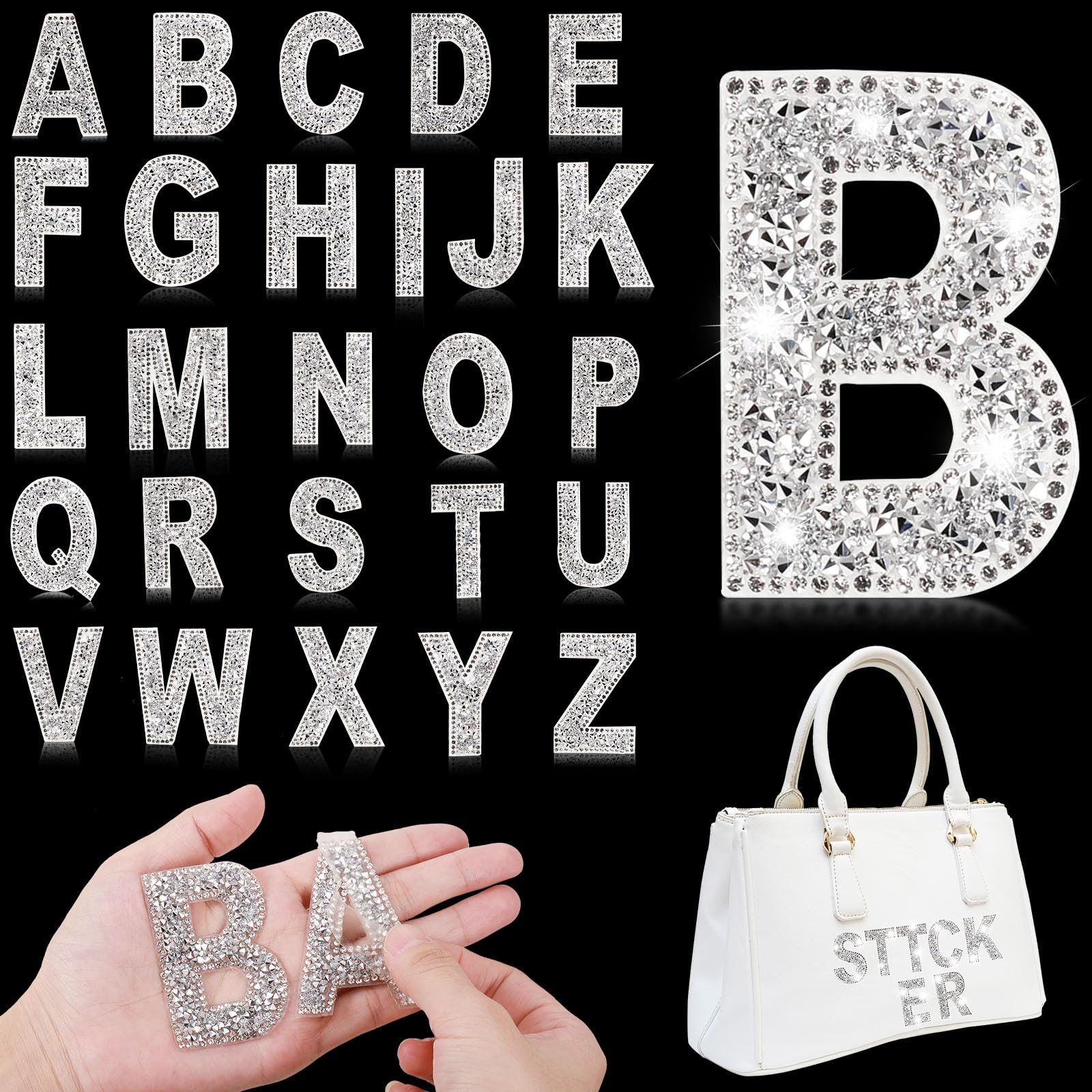 Glitter Resin Rhinestone Alphabet Letter Stickers A-Z (White, 26 Pieces) - Self Adhesive Iron On Crystal Letters for DIY Clothing, Art Projects, Scrapbooking & Home Decor