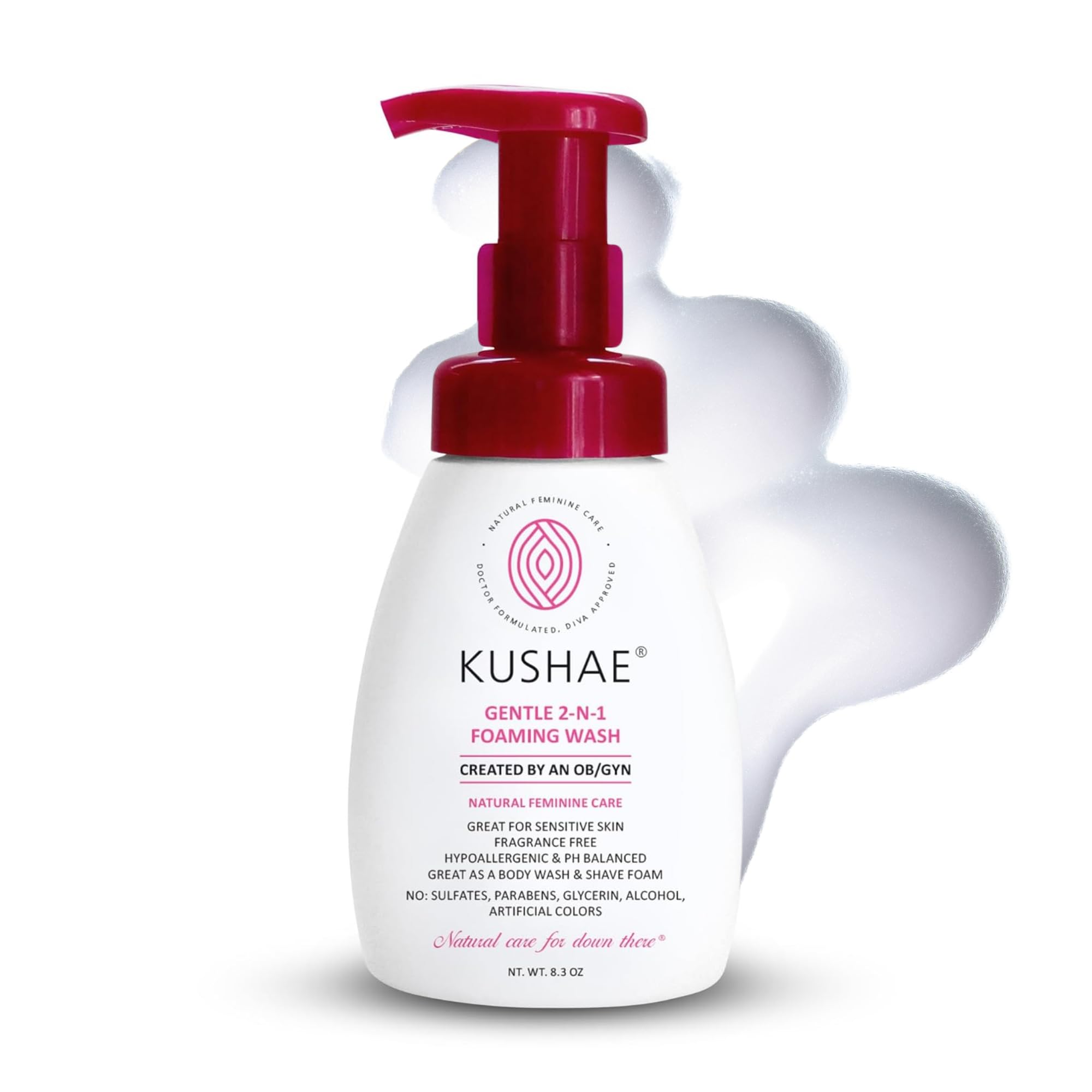 Kushae Gentle 2-in-1 Foaming Feminine Wash | pH Balanced Intimate Cleanser for Sensitive Skin | Fragrance-Free & Hypoallergenic Daily Use | 8.3 oz | Perfect for Post-Workout Refreshment & Travel Hygiene