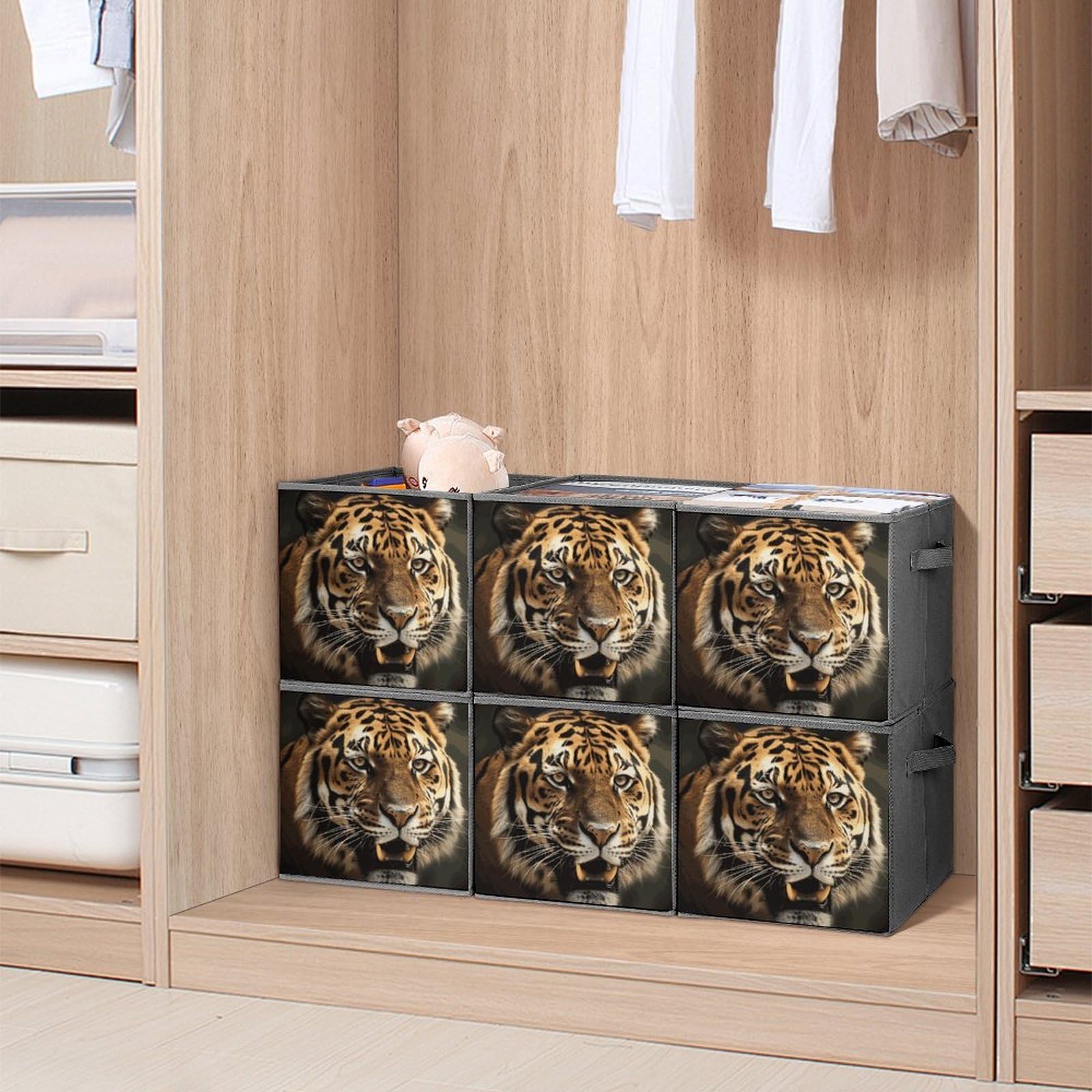6-Piece Collapsible Storage Bins with Handles - Tiger Print Foldable Organizing Boxes for Shelves, Closet, Pantry | Space-Saving Home & Office Storage Solutions