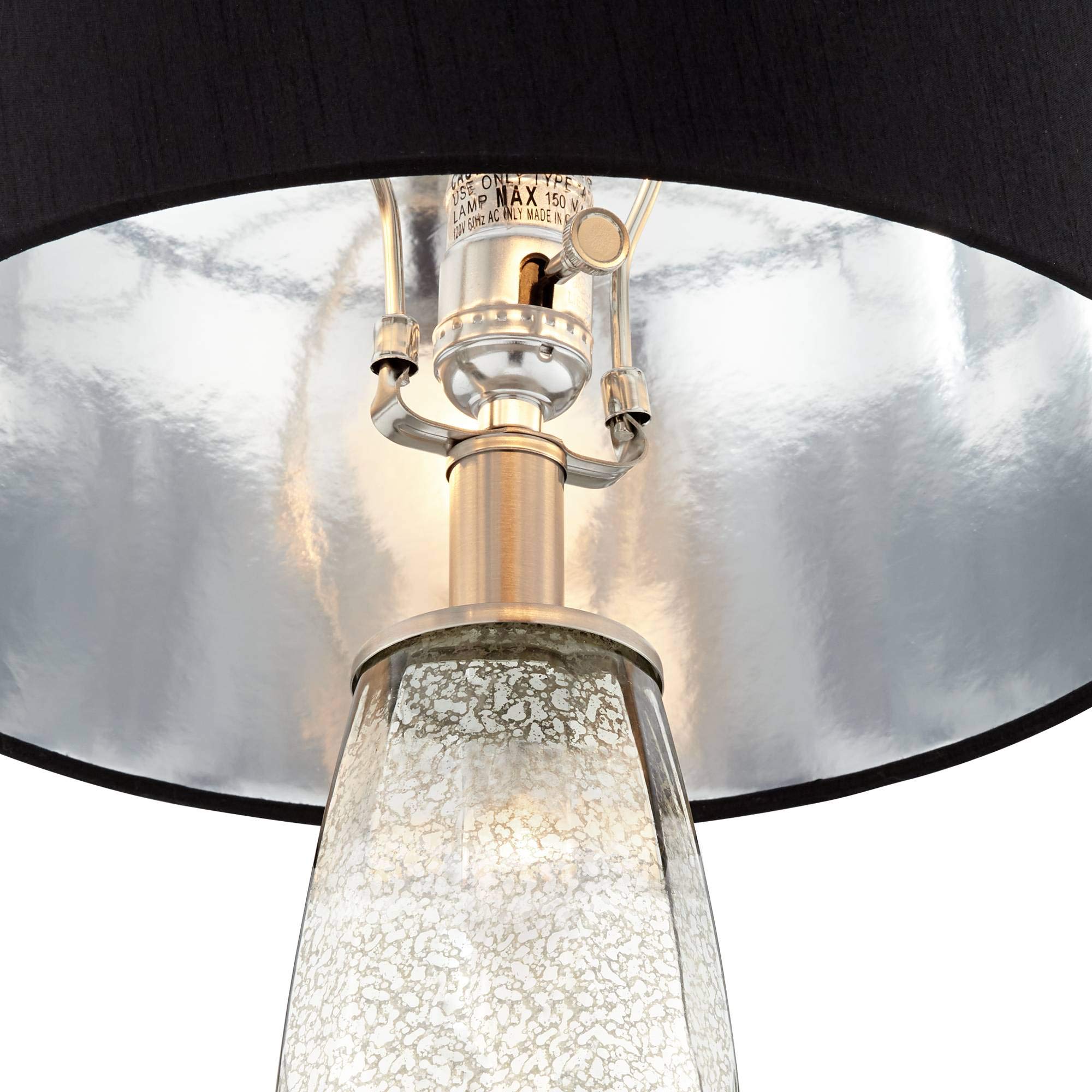 Regency Hill Landro Modern Luxury Table Lamps - Set of 2 Mercury Glass Silver Black Fabric Tapered Drum Shade, 27.5