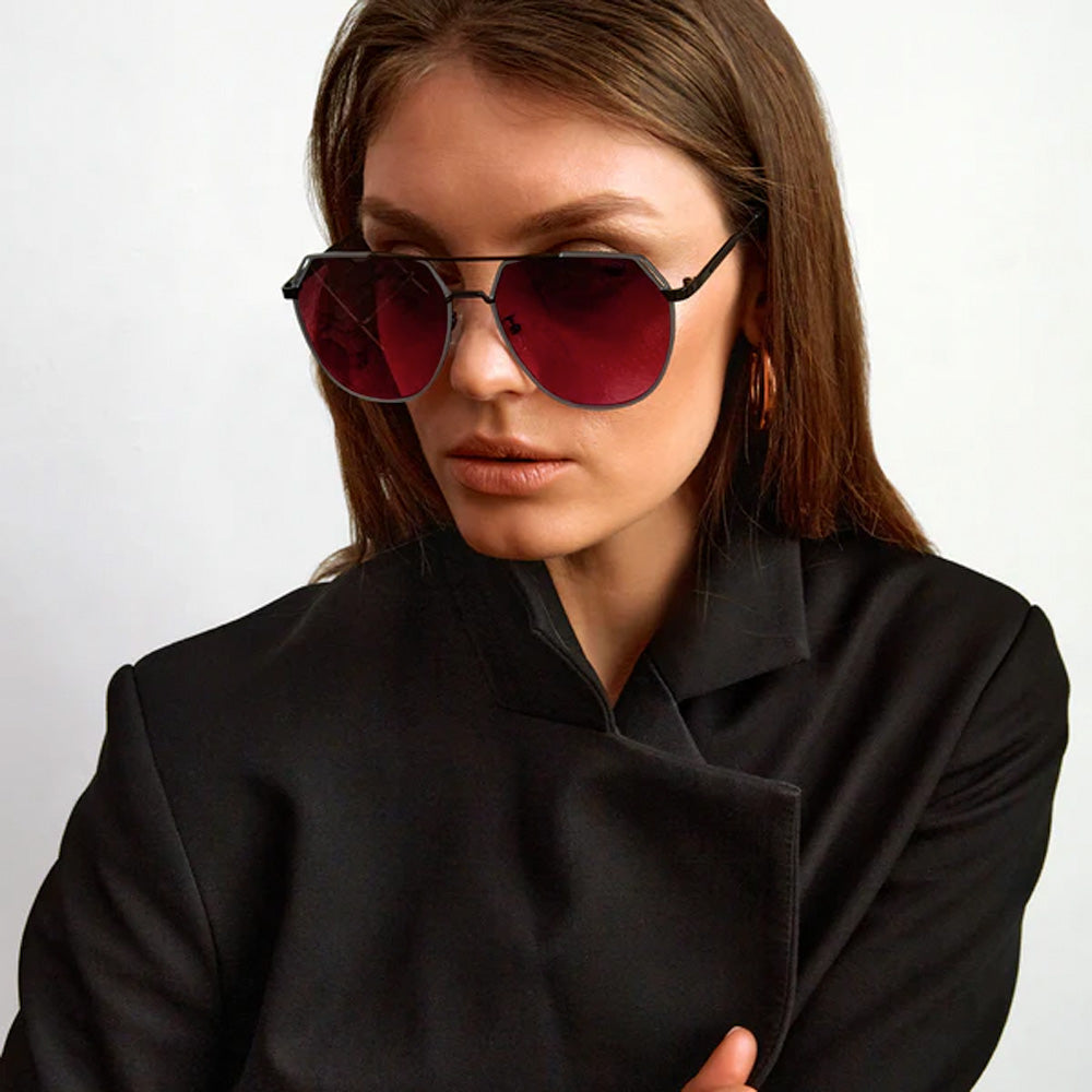 Farrah Black Frame Ruby Lens Square Aviator Sunglasses for Women - UV Protection, Retro Fashion Shades for Driving, Beach & Outdoor Activities