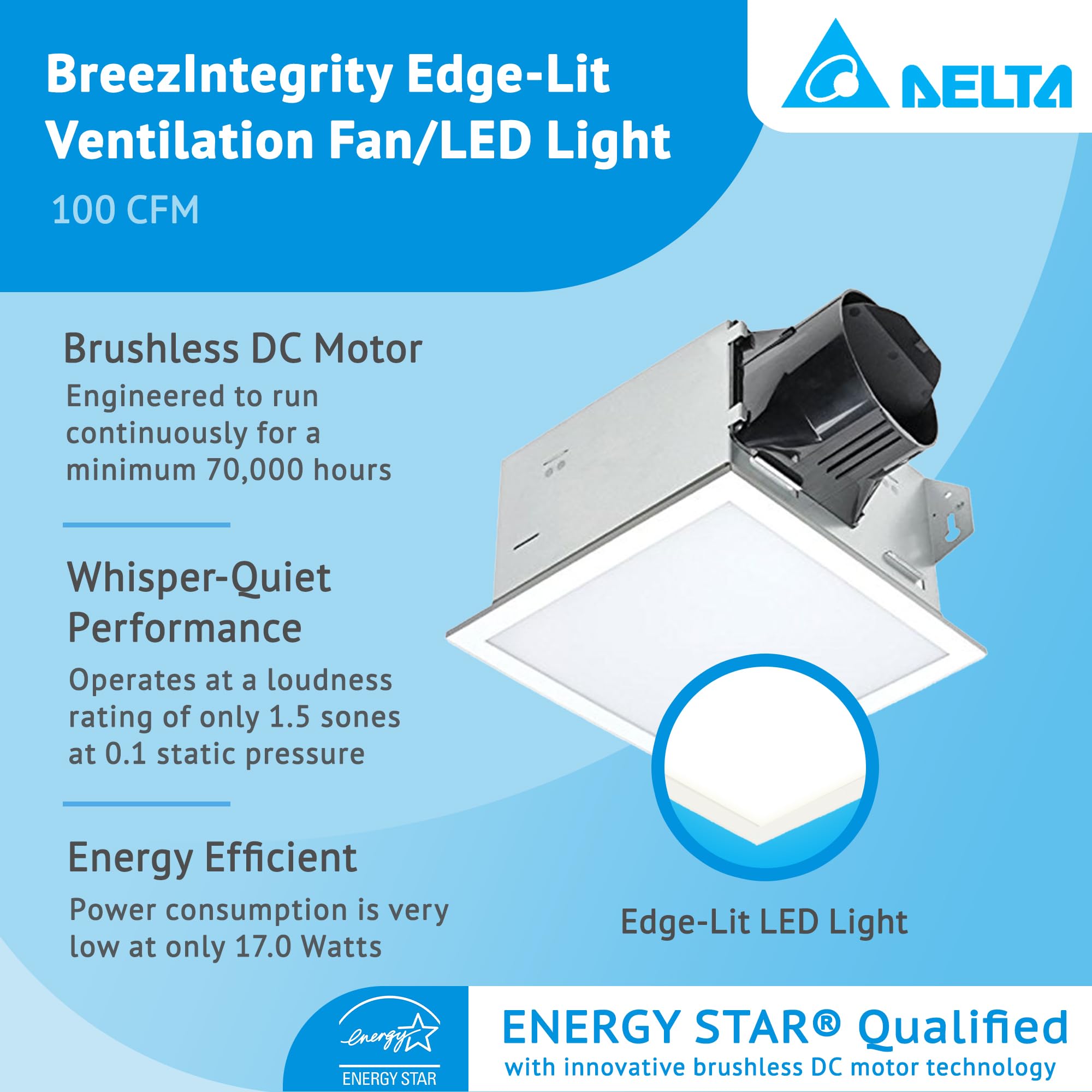 Delta Electronics ITG100ELED BreezIntegrity 100 CFM Bathroom Exhaust Fan with Dimmable LED Light - White | Quiet Ventilation for Bathroom, Kitchen, Laundry Room & Home Office