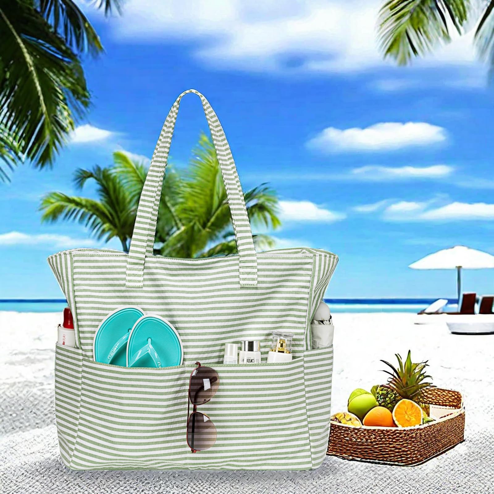 LEDAOU Large Waterproof Beach Tote Bag for Women - Sandproof Zippered Pool & Gym Bag with Wet Pocket - Perfect for Beach, Travel, Grocery Shopping & Outdoor Activities