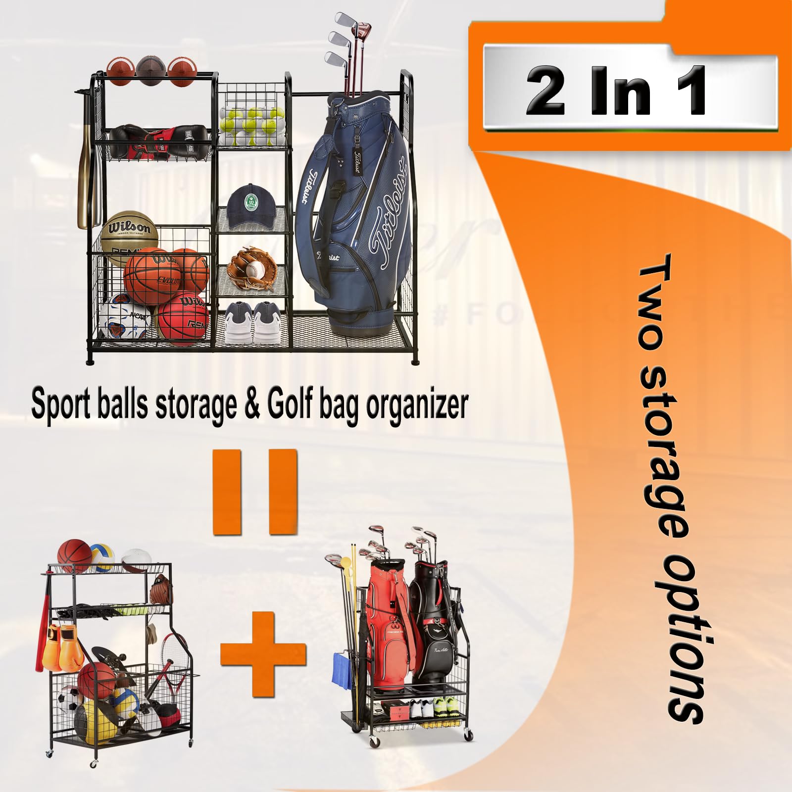 Garage Sports Equipment Organizer with Baskets & Hooks - 2 Golf Bag Holder, Outdoor Toy Storage & Ball Organizer for Garage - Perfect for Golf Clubs, Bikes, and Kids' Sports Gear Storage