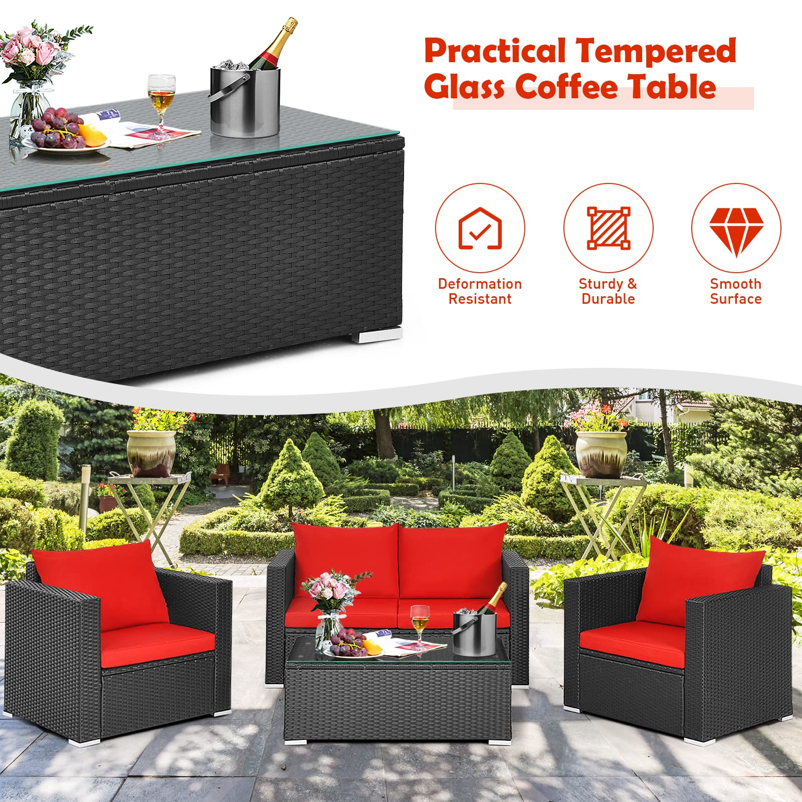 Tangkula 4-Piece Outdoor Rattan Patio Furniture Set - Wicker Sofa Sectional with Cushions & Glass Coffee Table for Garden, Balcony, Courtyard - Perfect for Relaxing, Entertaining & Outdoor Gatherings