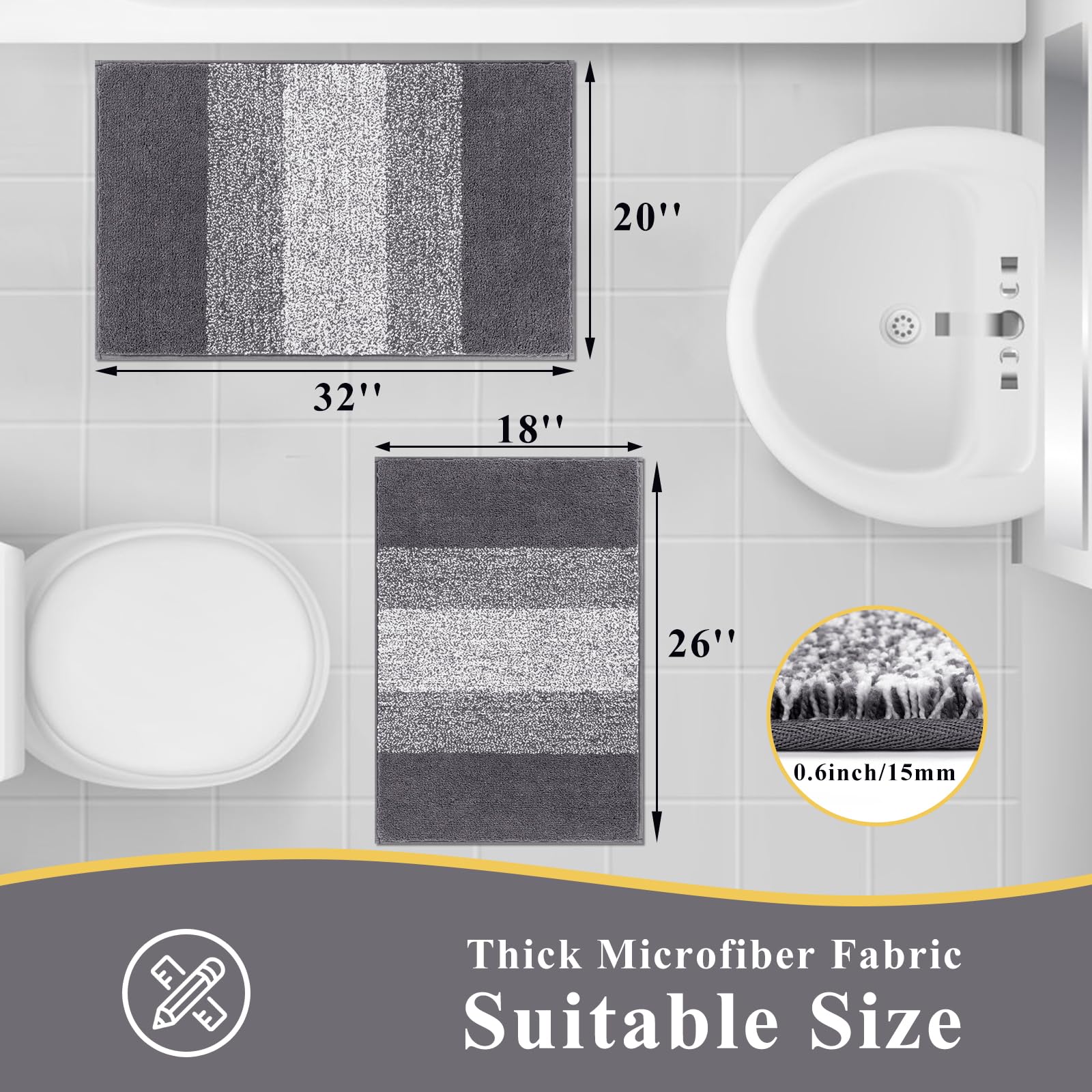 Luxury Soft Bathroom Rugs Set of 2 - Non-Slip Washable Plush Bath Mats, Super Absorbent Microfiber Shaggy Carpet for Bath Tub, Shower & Bathroom Floor (18
