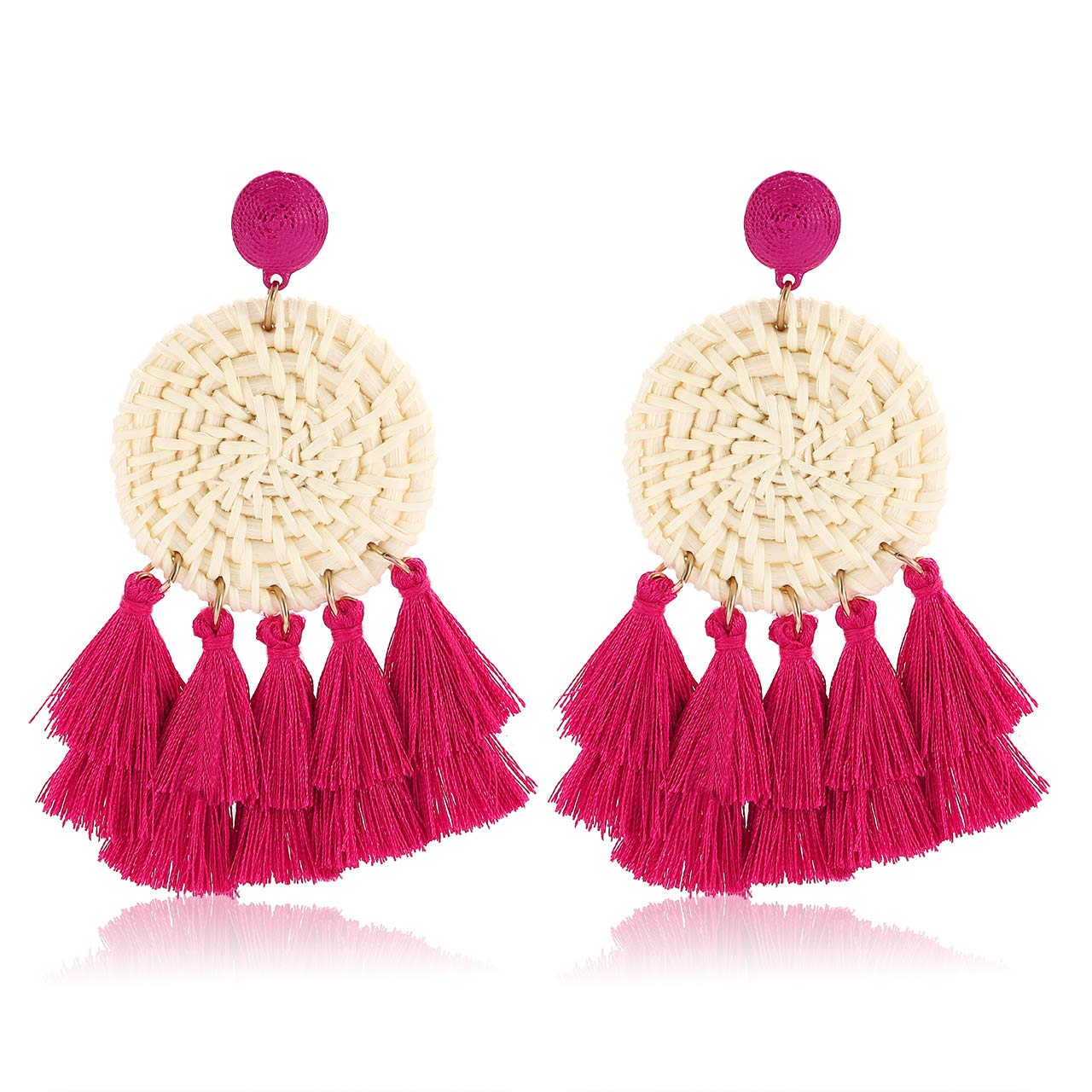 Bohemian Rattan Earrings for Women - Lightweight Handmade Woven Tassel Drop Earrings with Straw Texture | Perfect for Summer Festivals, Beach Vacations, and Boho Chic Outfits