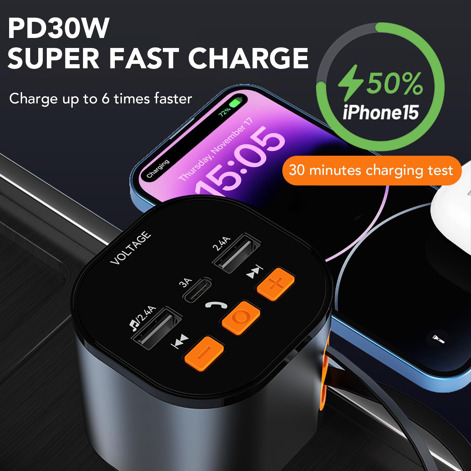 5-in-1 Retractable Car Charger with Bluetooth 5.3 FM Transmitter & 90W Fast Charging - Hands-Free Calling, 2 Retractable Cables & USB Port - Compatible with iPhone 16/15/14, Galaxy & Pixel - Perfect for Road Trips & Daily Commutes