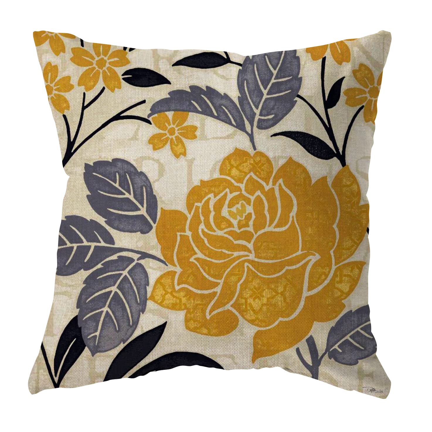 Set of 4 Blue Yellow Grey Floral Throw Pillow Covers 18x18 Inch - Farmhouse Style Cotton Linen Cushion Cases for Sofa, Living Room, Bedroom Decor - Perfect for Home, Gift & Indoor Farmhouse Decor