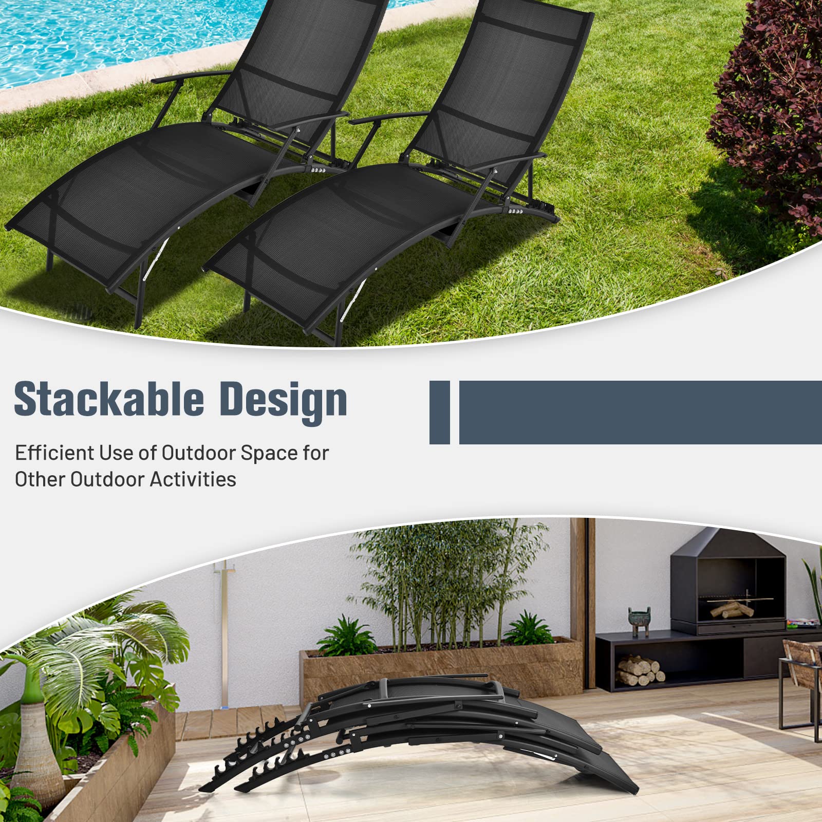 Tangkula 2-Piece Patio Chaise Lounge Set - Foldable Stackable Outdoor Chaise Lounge Chairs with Breathable Fabric & 5-Level Adjustable Backrest - Perfect for Poolside, Backyard, Garden Relaxation (Black)