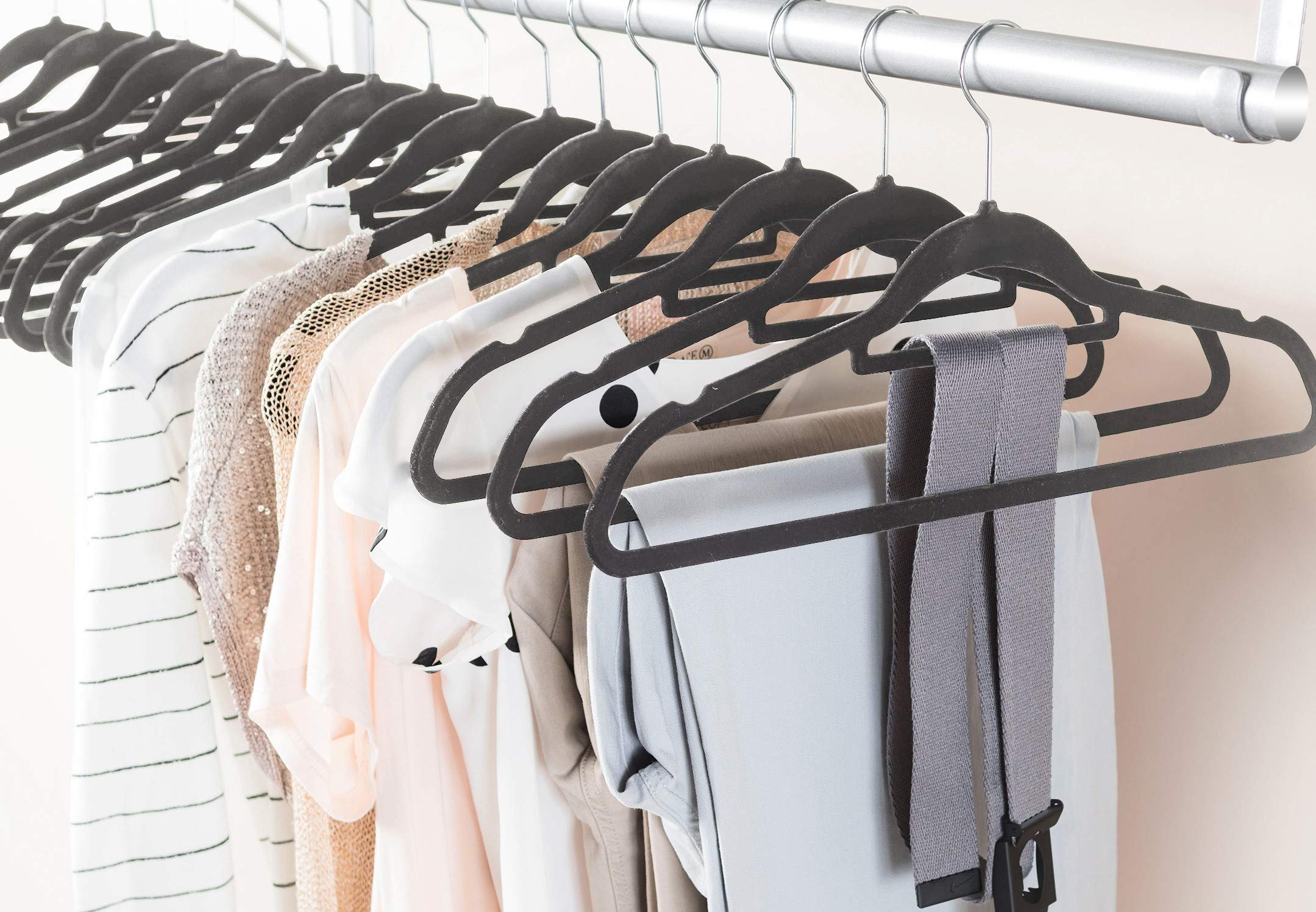 Zober Velvet Hangers 20 Pack - Non-Slip Swivel Hook Slim Felt Clothes Hangers with Tie Bar for Suits, Pants & Coats - Space Saving Gray Hangers - Perfect for Closet Organization & Wardrobe Storage