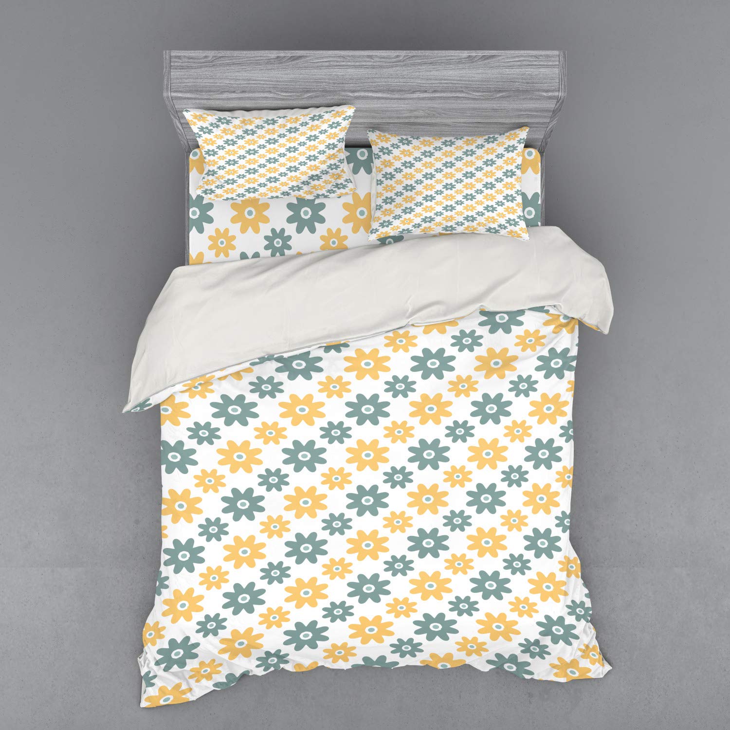 Ambesonne Garden Duvet Cover Set - Vibrant Wildflowers & Daisies Retro Design, 4-Piece Queen Size Bedding Set with Shams & Fitted Sheet in Almond Green Apricot Mustard | Perfect for Spring Bedroom Decor, Nature-Inspired Home Styling & Cozy Farmhouse Aesthetic