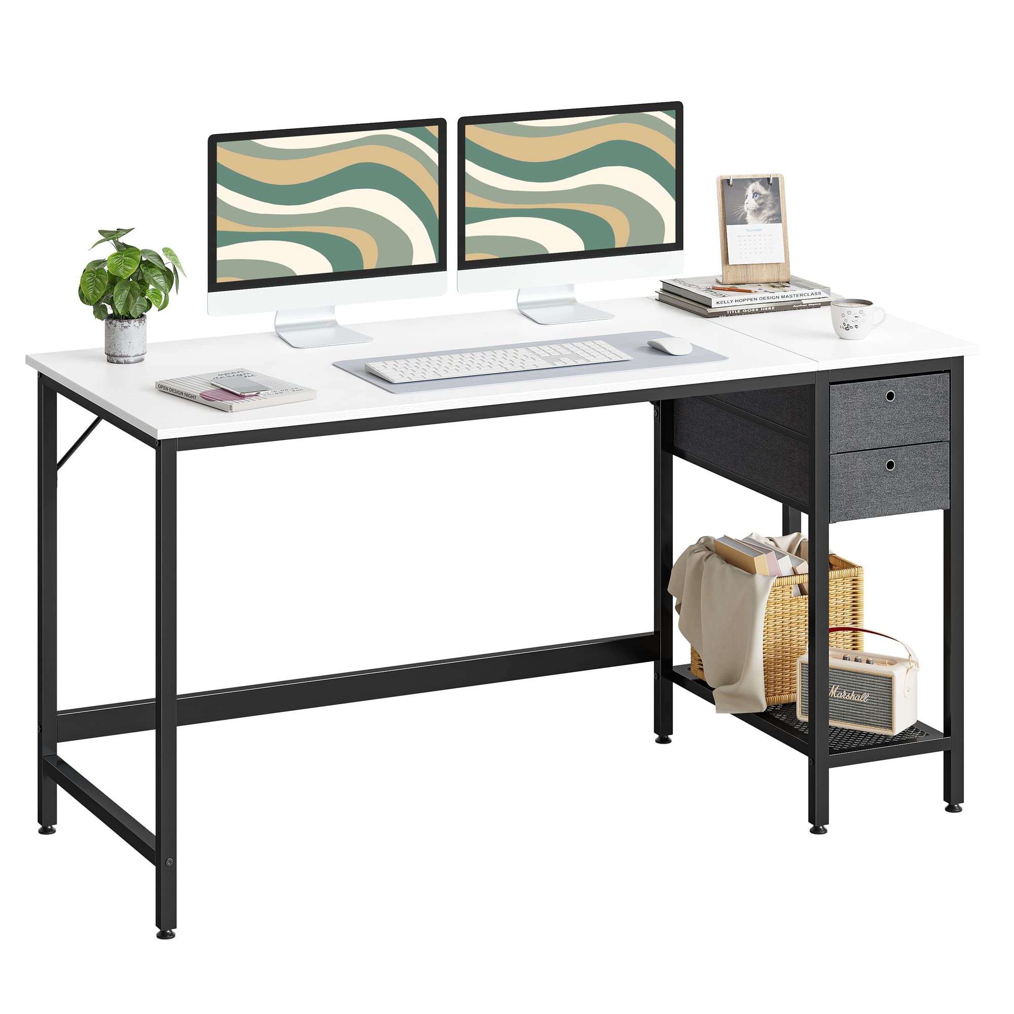 Cubiker 55 Inch White Modern Computer Desk with Drawers - Home Office Writing Study Table for Small Spaces | Perfect for Work from Home, Gaming & Remote Learning