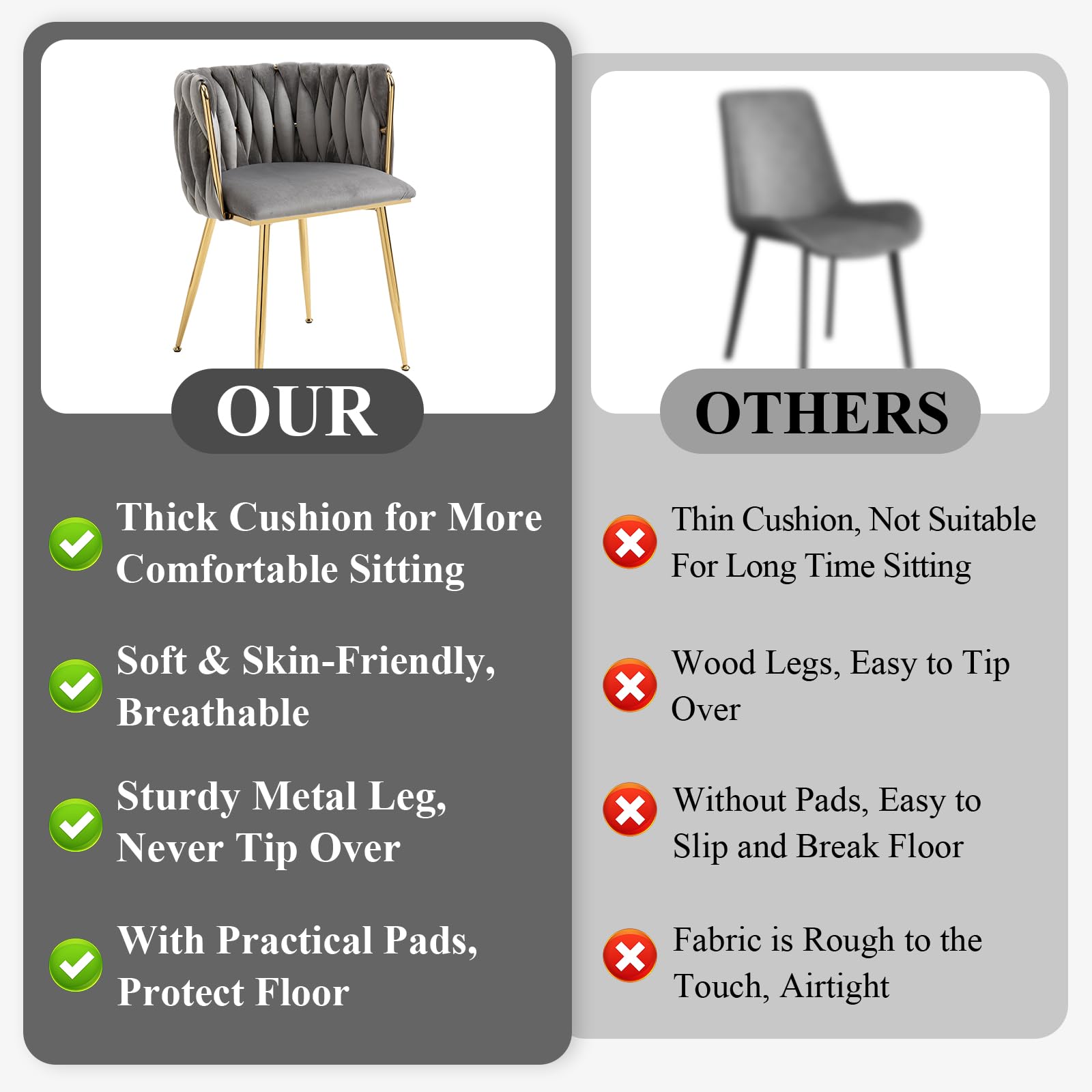 Modern Velvet Dining Chairs Set of 2 - Hand Woven Upholstered Accent Chairs with Golden Metal Legs for Living Room, Kitchen, Dining Room & Vanity - Grey Velvet Side Chairs for Home Decor & Entertaining