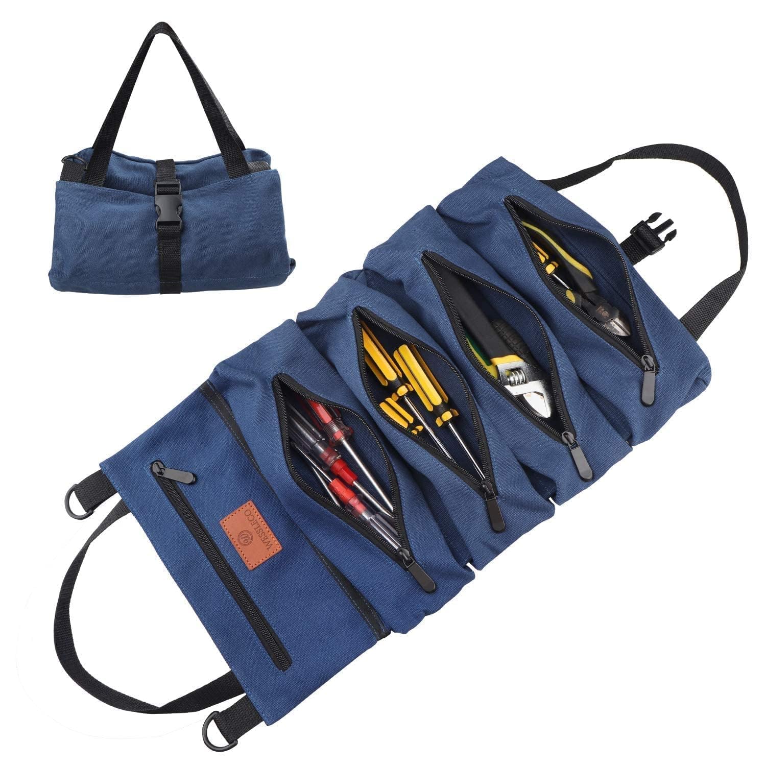 Heavy-Duty 16OZ Canvas Roll Up Tool Bag with 5 Zippered Pockets - Multi-Purpose Wrench Roll Organizer for Mechanics, Electricians & DIY Enthusiasts (Blue) - Perfect for Workshop, Garage & On-the-Go Tool Storage