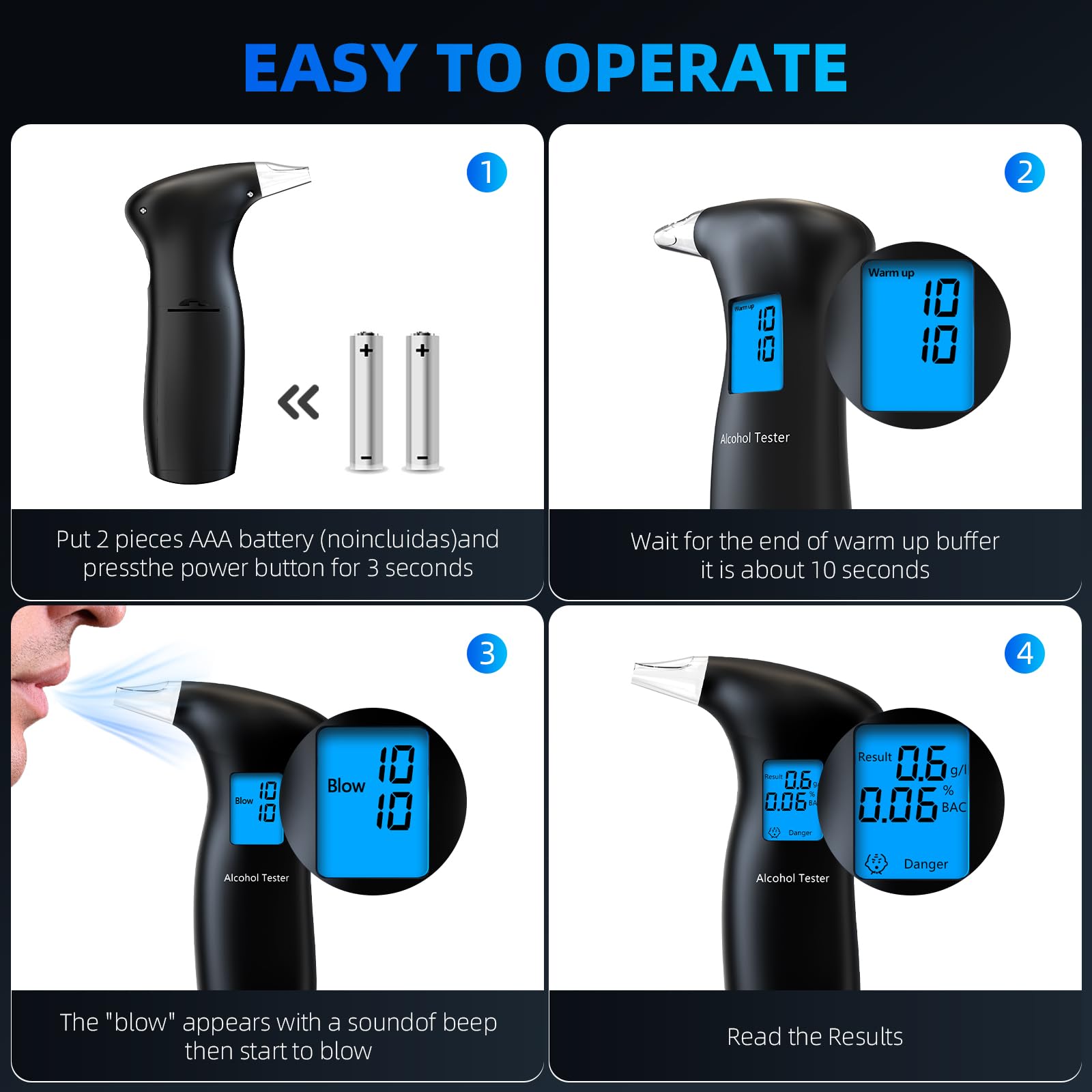 **Portable Digital Breathalyzer for Alcohol - Fast & Accurate LCD Display with 4 Reusable Mouthpieces - Personal & Professional Use - Perfect for Parties, Bars, and Workplace Safety**