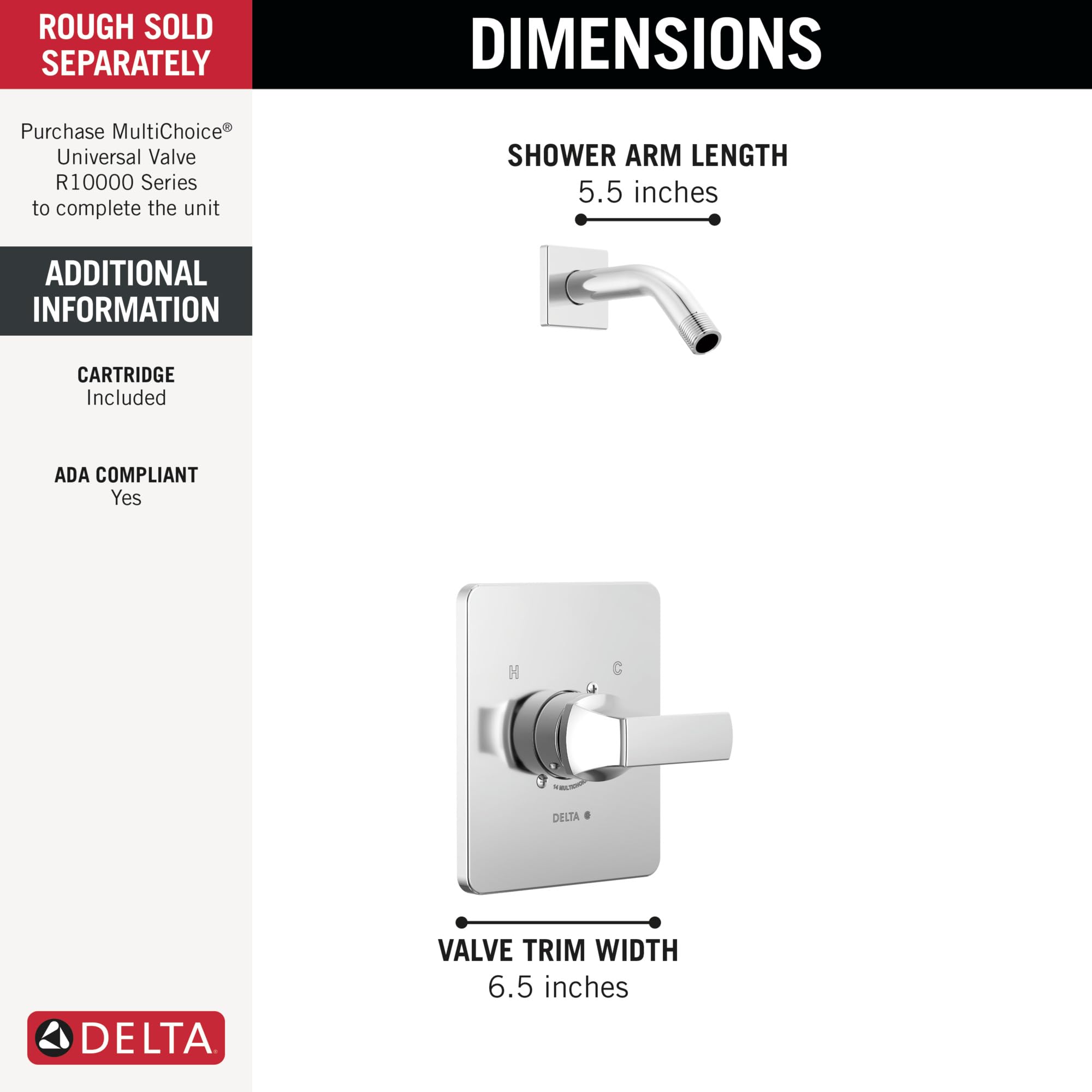 Delta Faucet Velum 14 Series Single-Function Chrome Shower Valve Trim Kit with Handle - T14237-LHD (Shower Head & Valve Sold Separately) - Perfect for Bathroom Renovation & Modern Shower Upgrades