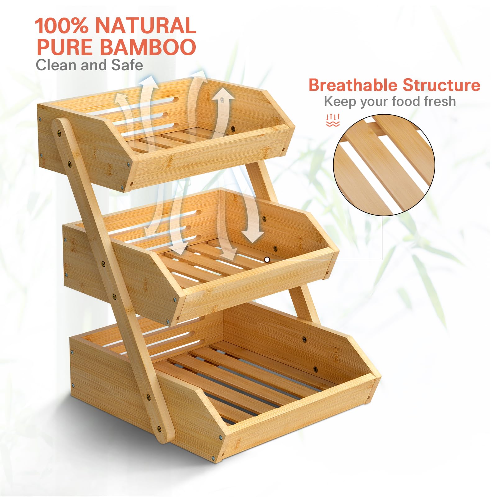 Premium Bamboo Fruit Basket - 15mm Thick Kitchen Countertop Organizer for Fruits & Vegetables | Durable Storage Stand with Easy Self-Assembly | Perfect for Pantry, Dining Table, and Farmhouse Style Kitchens