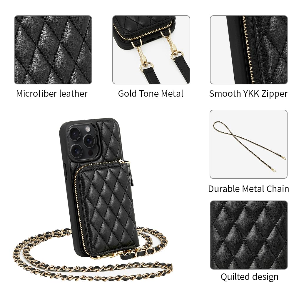 LAMEEKU iPhone 13 Pro Max Wallet Case with Card Holder & Crossbody Chain - 6.7 Inch Quilted Leather Phone Purse for Women (Black) - Perfect for Shopping, Travel and Everyday Use