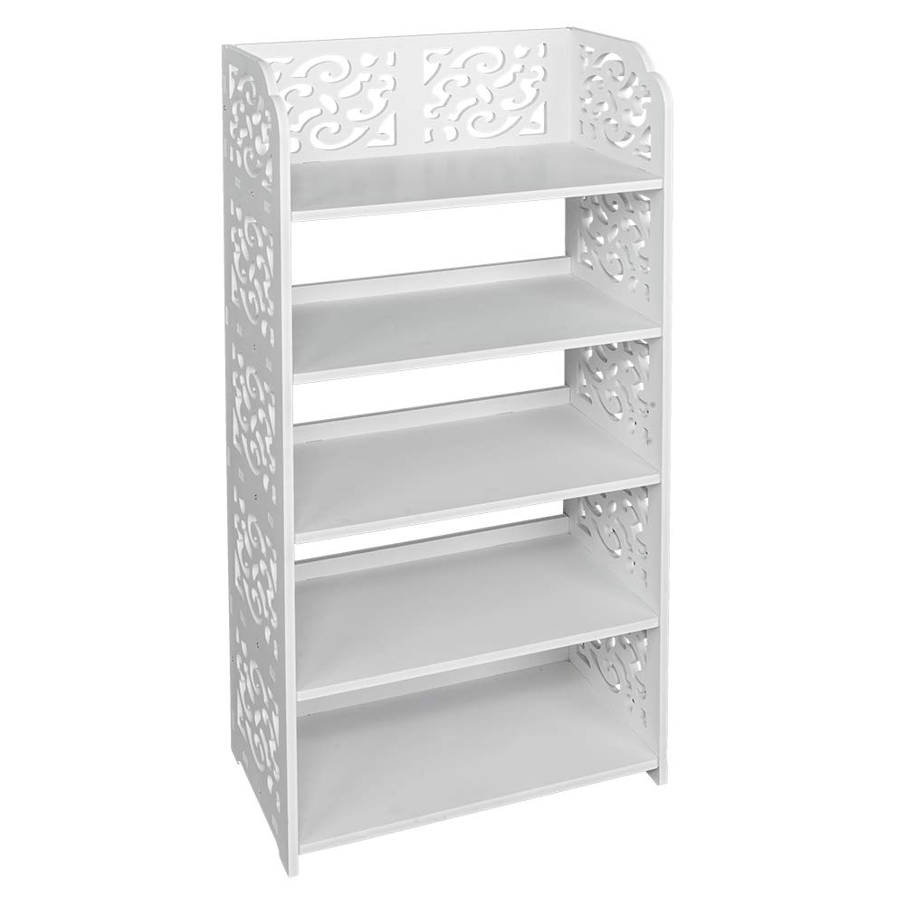 5-Tier White Wood-Plastic Waterproof Shoe Rack - Freestanding Stackable Shoe Storage Cabinet with Hollow Floral Design - Space Saving Organizer for Dorm, Living Room, Bedroom & Entryway