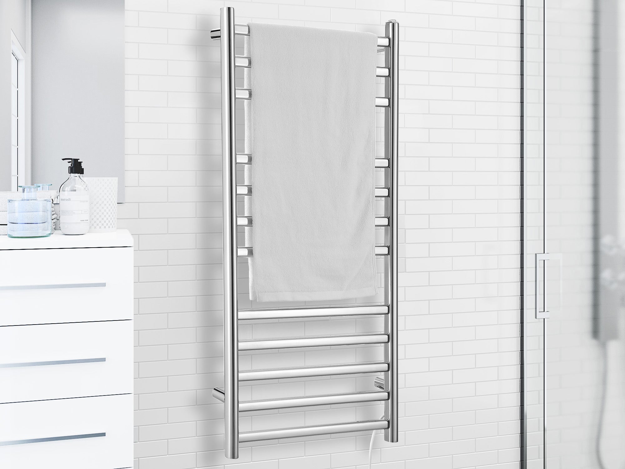 Prima Dual XL 12 Bar Hardwired & Plug-in Electric Towel Warmer - Polished Stainless Steel - Fast Heating Bathroom Luxury for Spa, Hotel & Home Use
