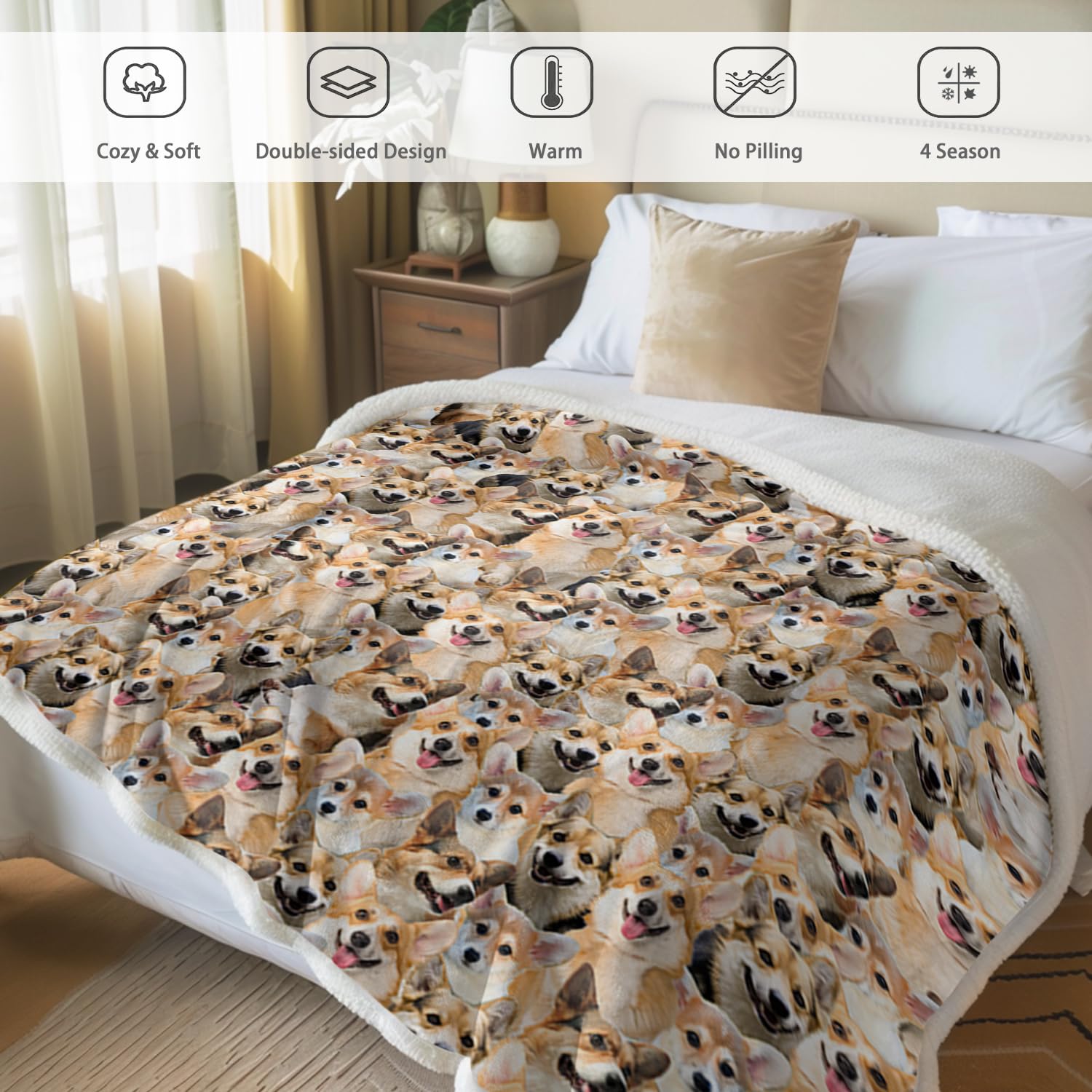 **BlessLiving Corgi Plush Fleece Blanket - Reversible Sherpa Throw with Cute Puppy Dog Pattern, Soft & Cozy for Kids, Girls & Adults (60