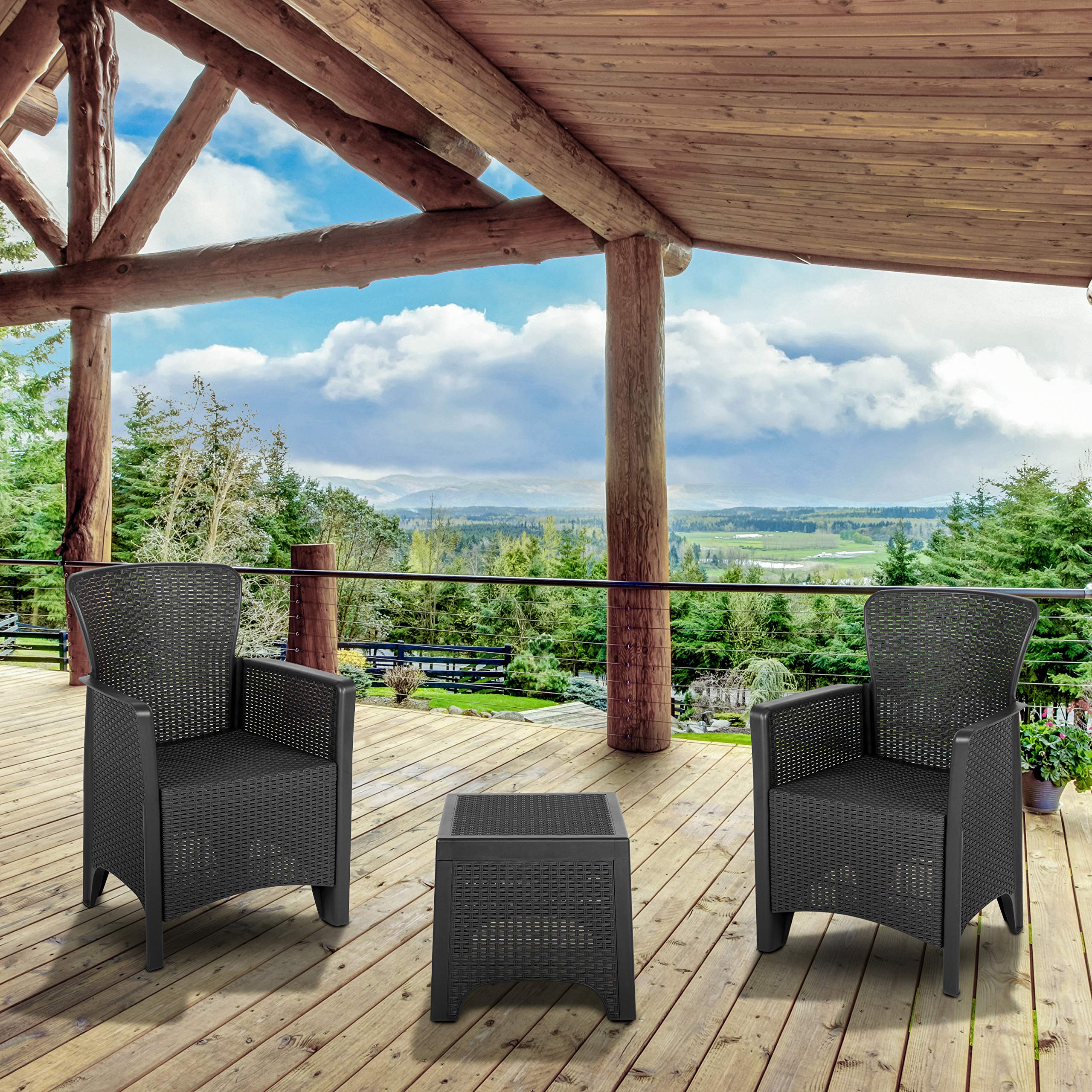 Emma & Oliver Dark Gray Faux Rattan Plastic Patio Chair Set with Matching Side Table - Outdoor Dining, Poolside Lounging, Garden Decor