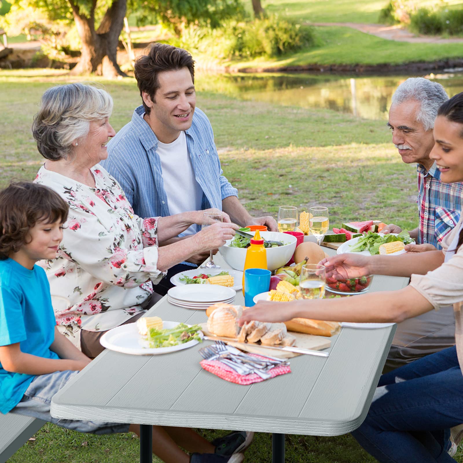 Giantex Folding Picnic Table with Benches - Outdoor Dining Set for Camping, Patio, Lawn, Garden & Poolside - Portable Weather-Resistant Metal Frame (Gray) - Perfect for BBQs, Picnics & Outdoor Gatherings