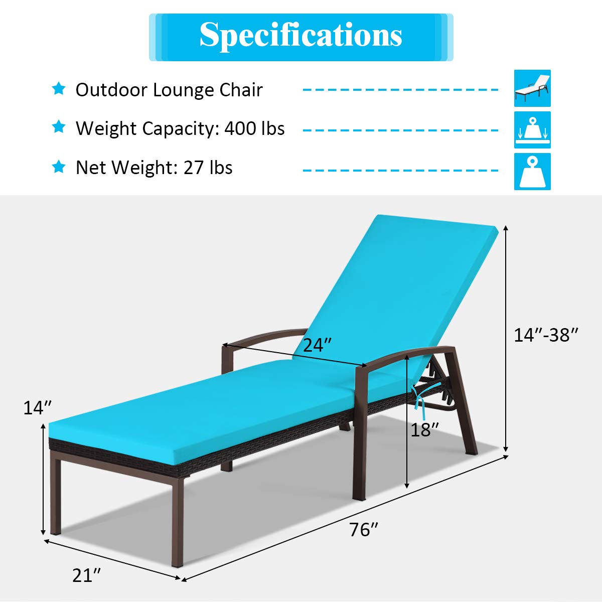 2PCS Patio Chaise Lounge Chairs - Outdoor Rattan Sun Lounger with Soft Cushions, Adjustable Backrest & Comfortable Armrest - Wicker Reclining Chaise for Poolside, Lawn, Garden, Balcony (Turquoise) - Perfect for Relaxing by the Pool, Sunbathing in Backyard or Lounging on Your Patio