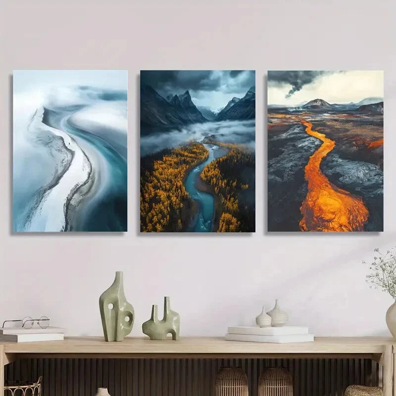 3-Piece Aerial Glacier River Landscape Metal Wall Art Prints - Ready to Hang Home & Office Decor - Perfect for Living Room, Bedroom, or Office Wall Decor