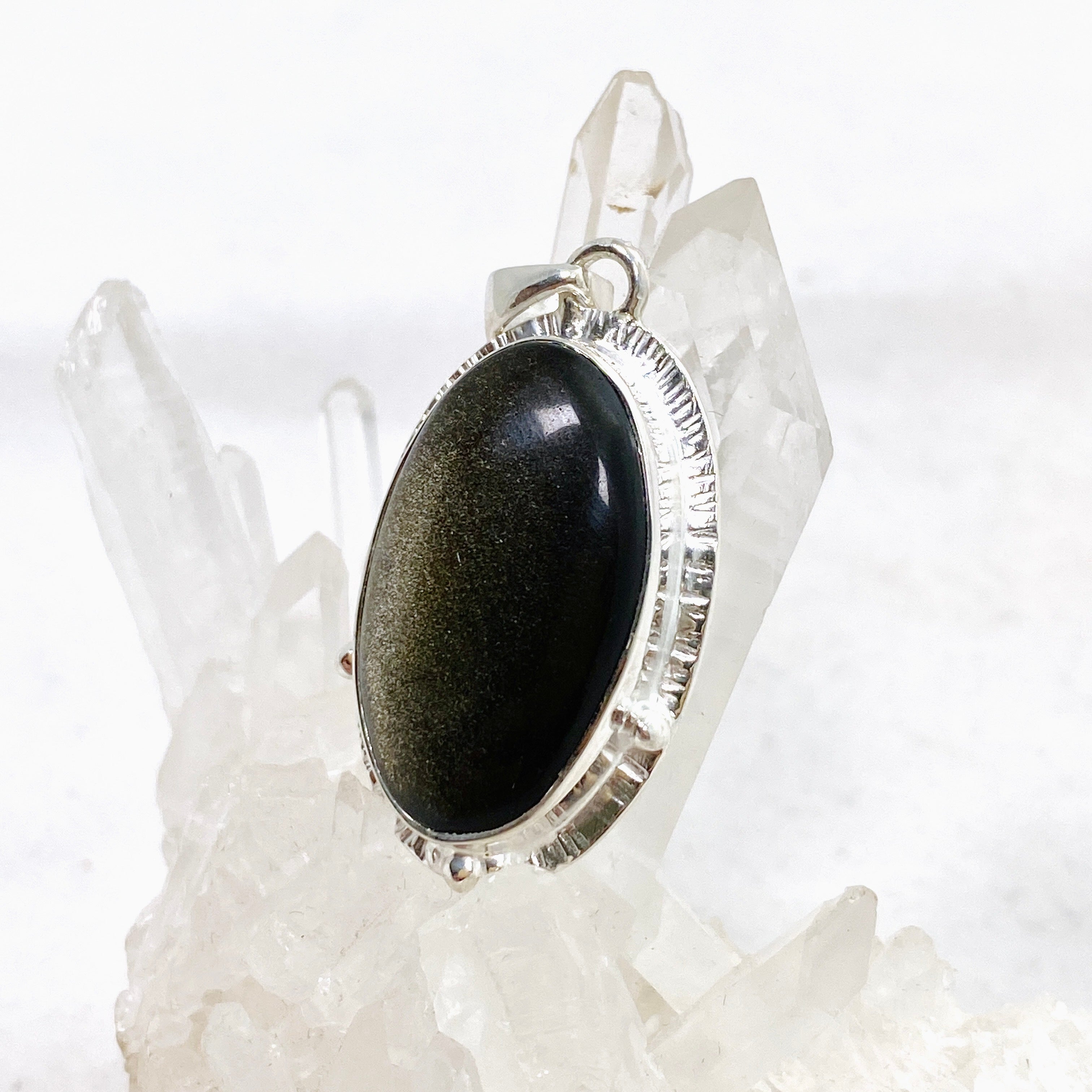 Goldsheen Obsidian Oval Cabochon Pendant - Handcrafted Jewelry with Decorative Silver Setting KPGJ4757 | Perfect for Meditation, Energy Healing & Boho Fashion
