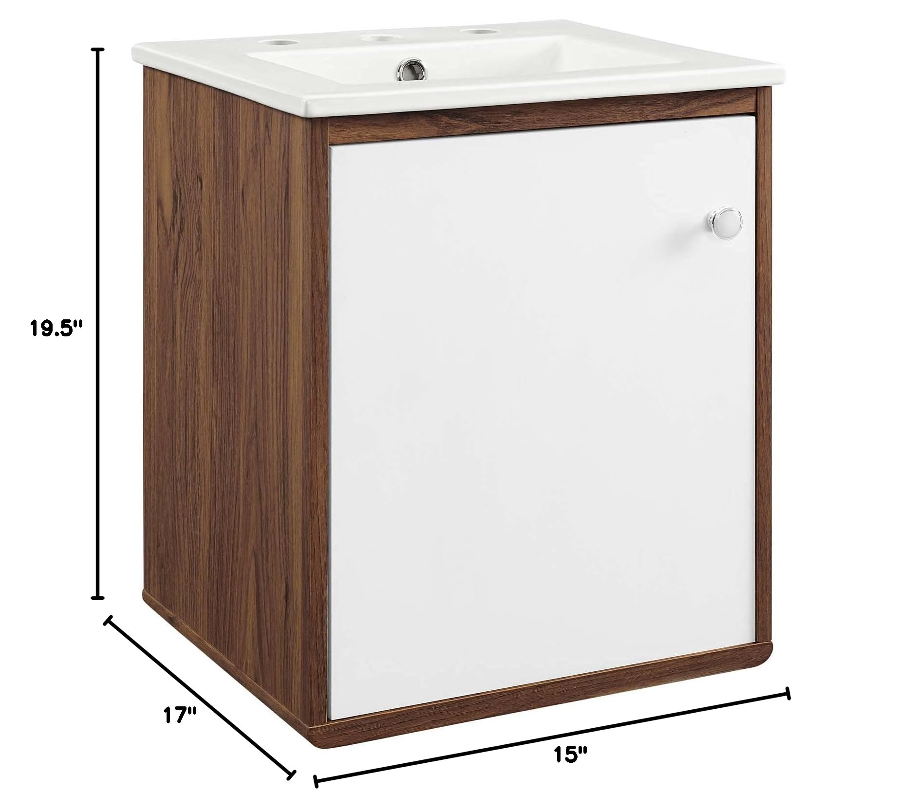 Modern Wall Mounted Sink Vanity Cabinet - Brown Walnut & White Wood Bathroom Storage - Space Saving Design for Small Bathrooms, Hotel Suites & Contemporary Homes